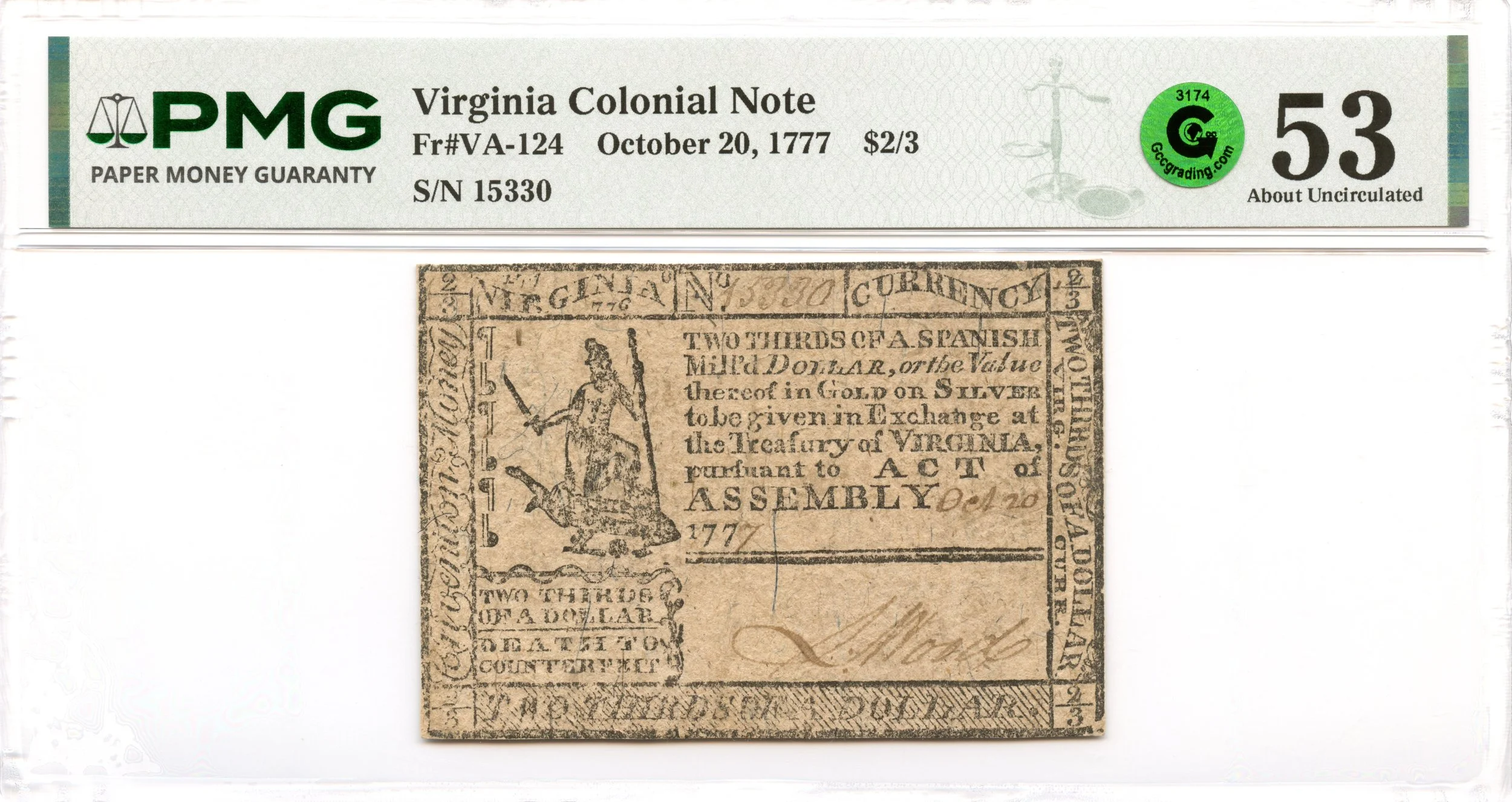Virginia Colonial Note Fr#VA-124 October 20, 1777 $2/3 PMG AU-53 GCC Green