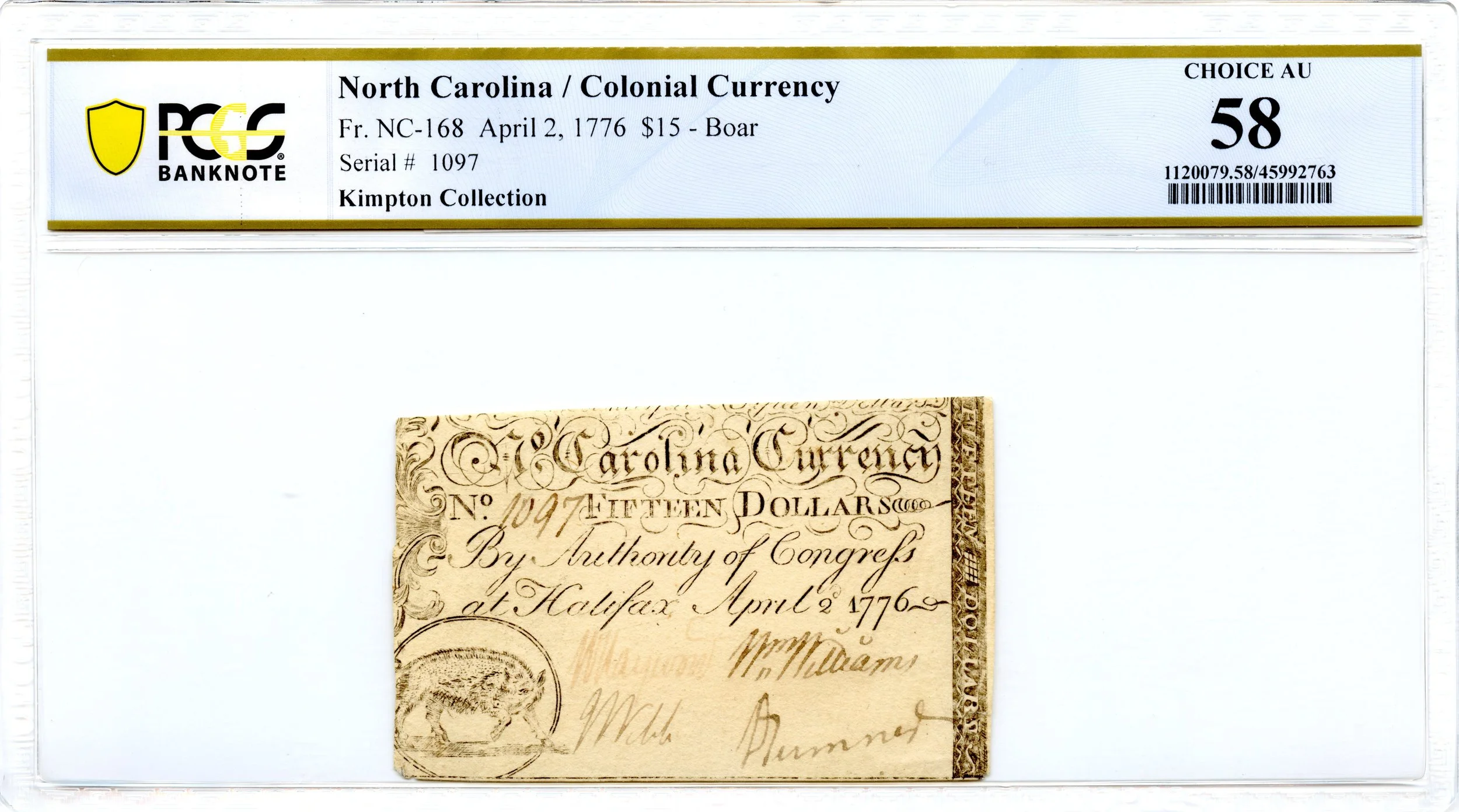 North Carolina Colonial Note Fr#NC-168 April 2, 1776 $15 PCGS AU-58 *Boar Finest Known*