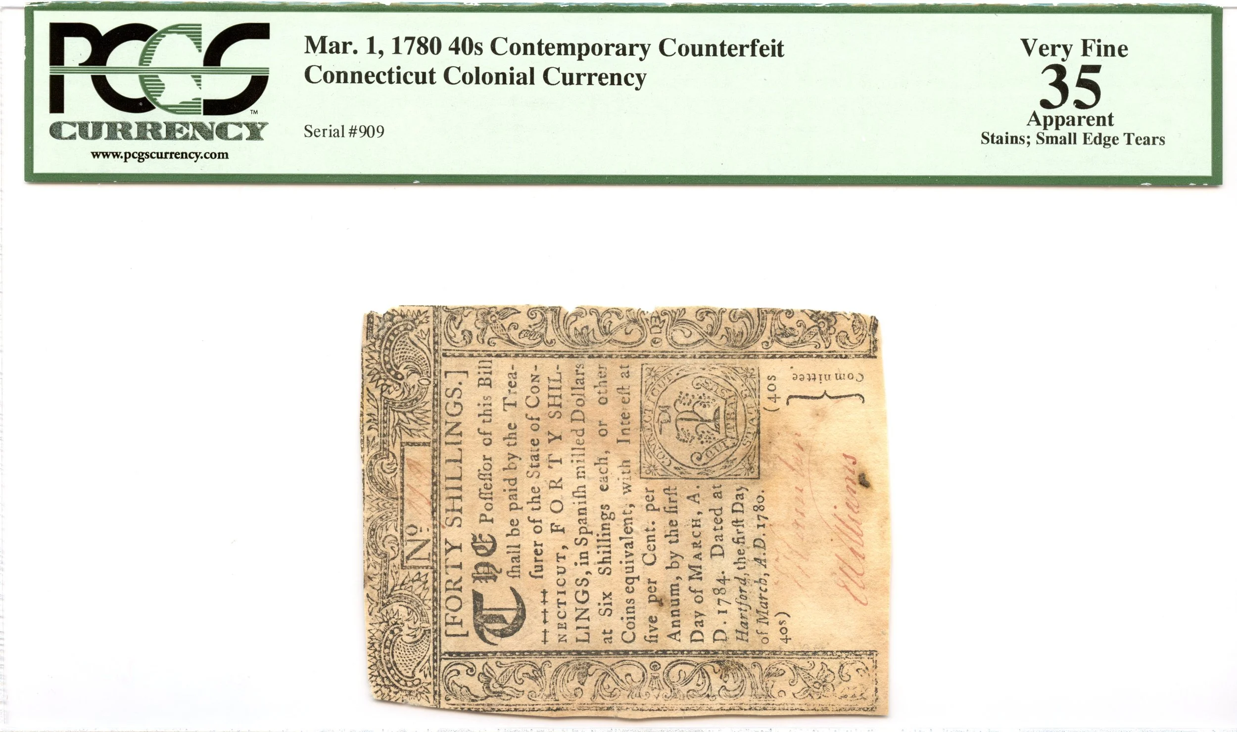Connecticut Colonial Note Fr#CT-225CT March 1, 1780 40s PCGS VF-35 *Contemporary Counterfeit*