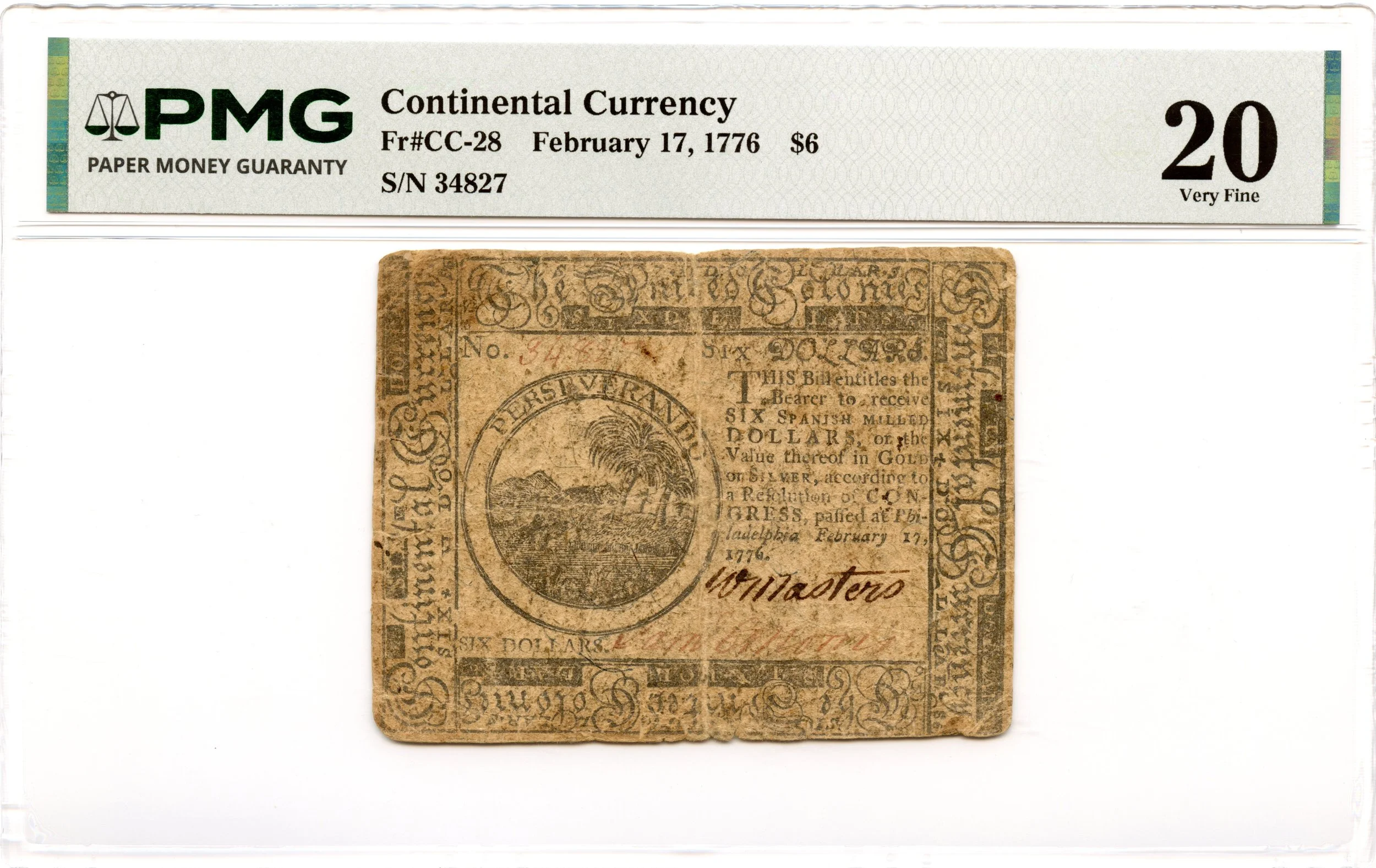 Continental Currency Fr#CC-28 February 17, 1776 $6 PMG VF-20