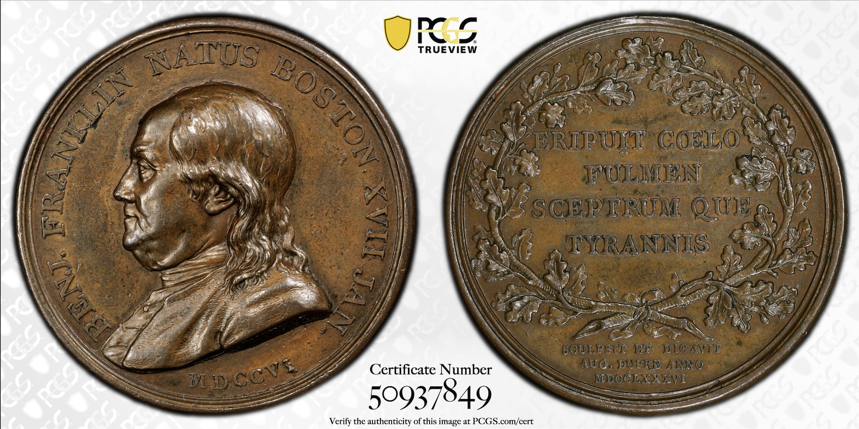 1786 Benjamin Franklin Medal Betts-620 Natus Boston PCGS AU-58