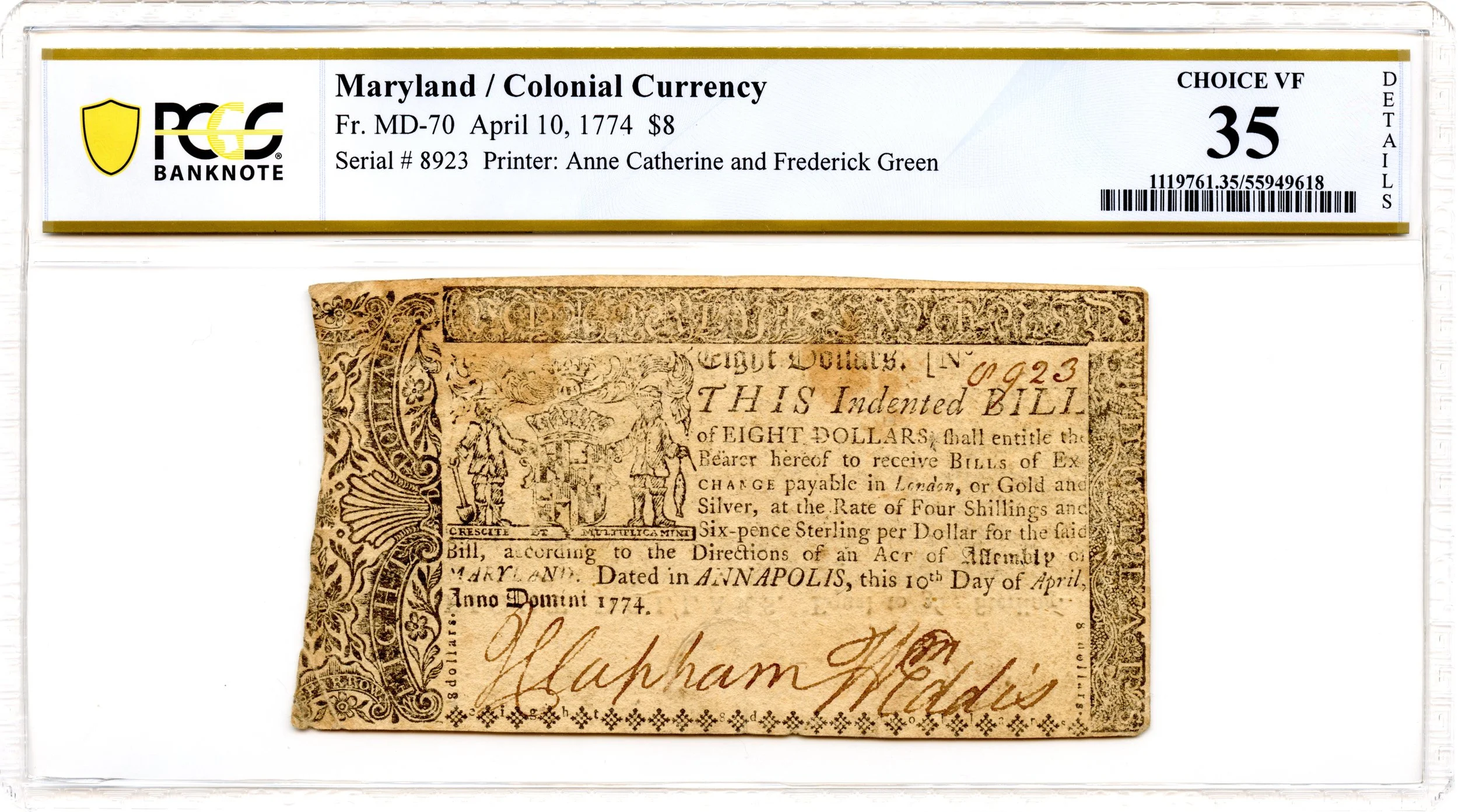 Maryland Colonial Note Fr#MD-70 April 10, 1774 $8 PCGS VF-35