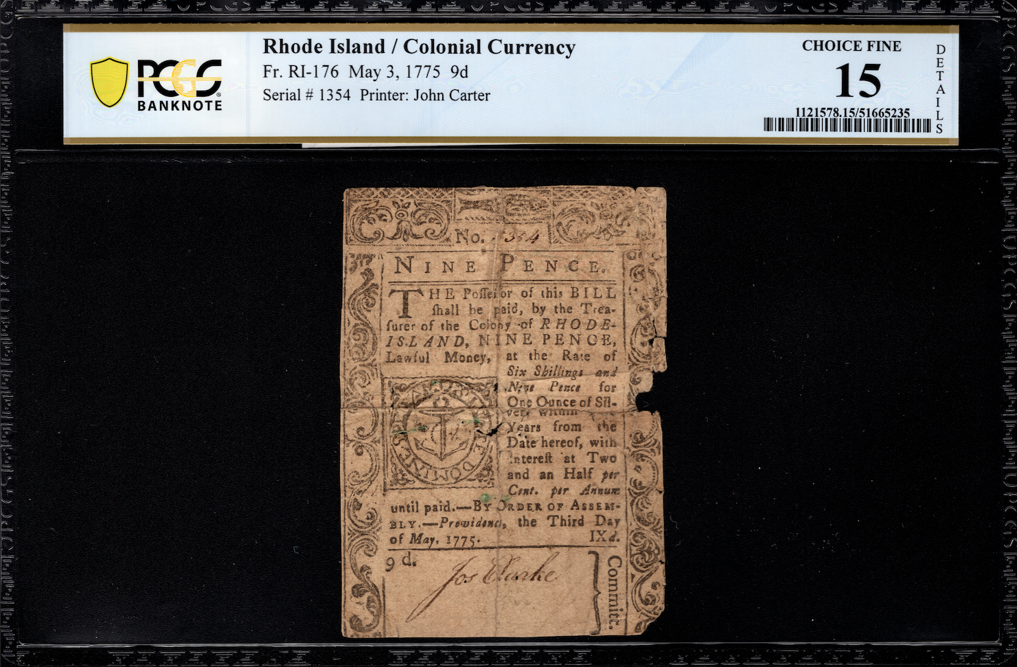 Rhode Island Colonial Note Fr#RI-176 May 3, 1775 9d PCGS 15 *Finest Known*
