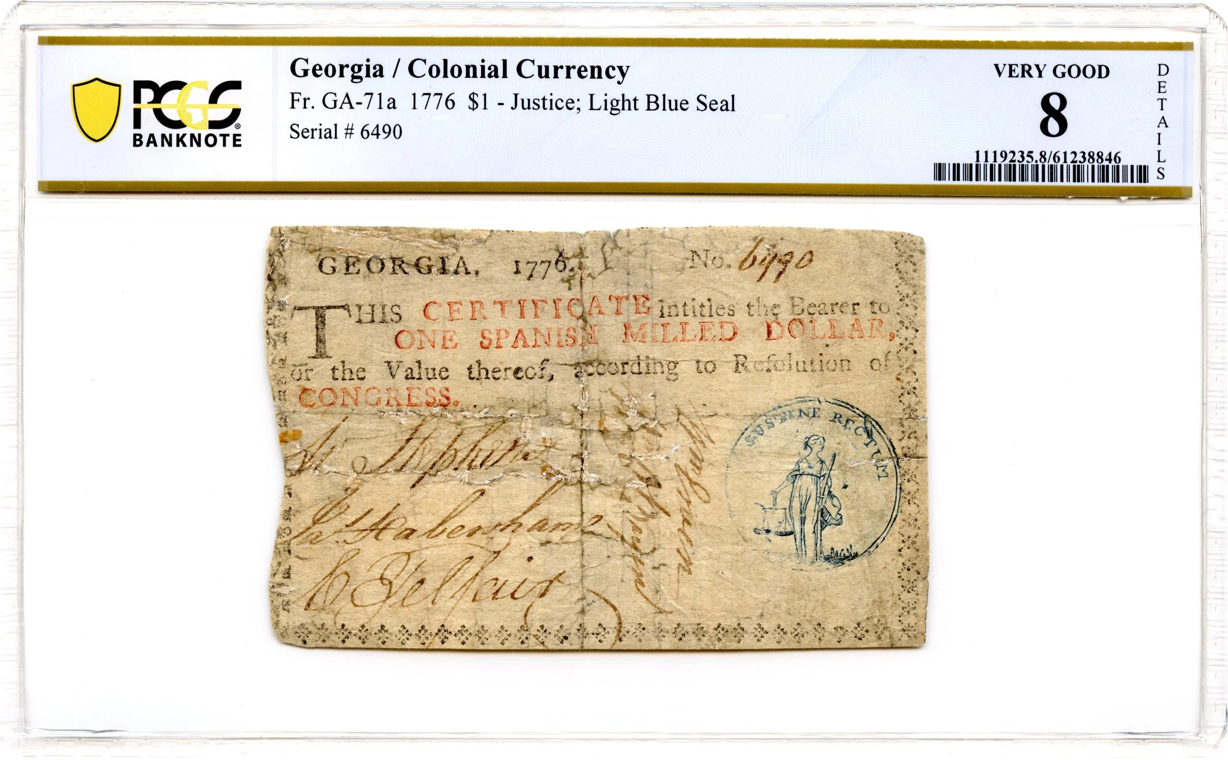 Georgia Colonial Note Fr#GA-71a 1776 $1 PCGS VG-8 *Edward Telfair Signature*