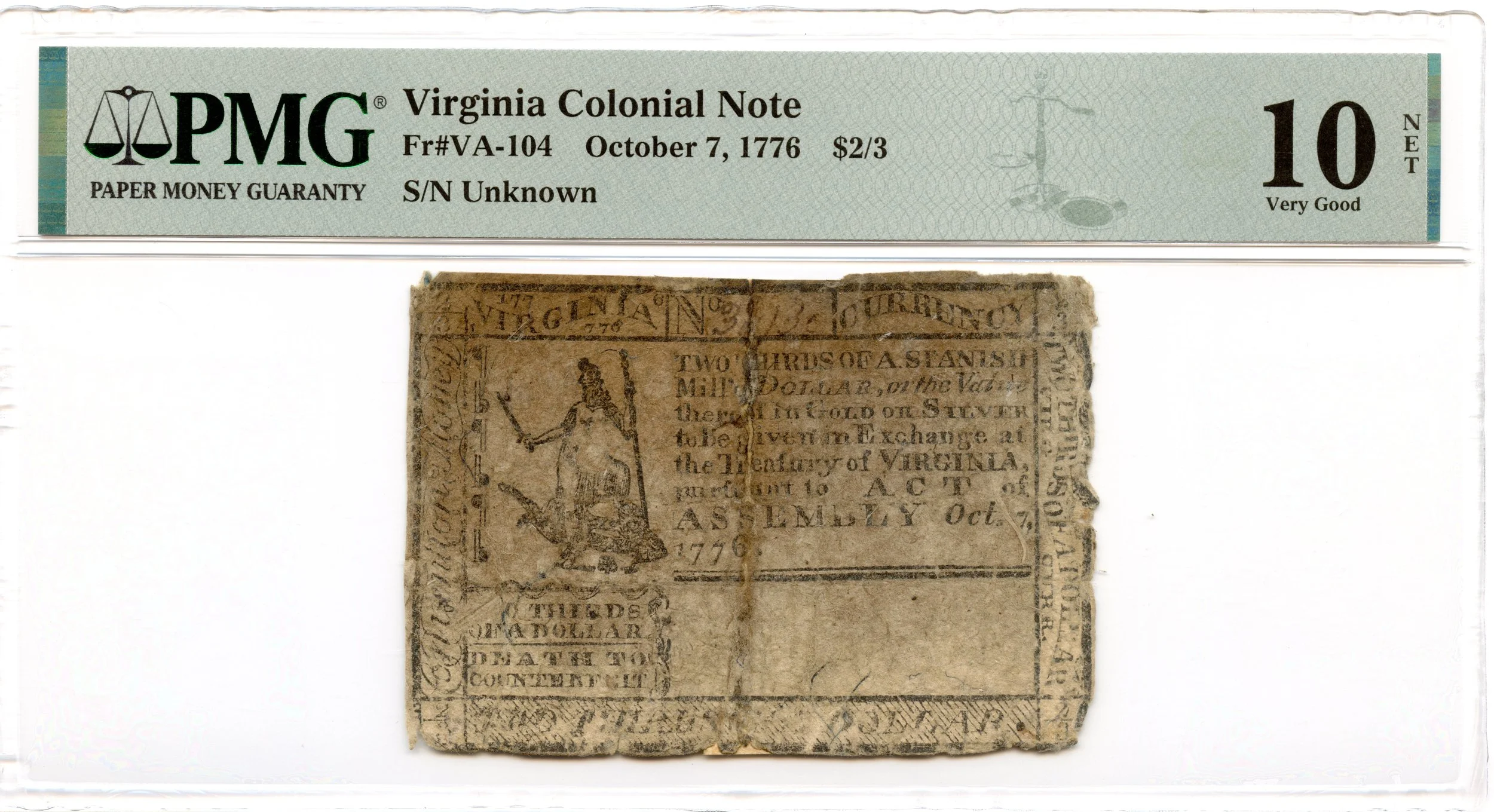 Virginia Colonial Note Fr#VA-104 October 7, 1776 $2/3 PMG VG-10