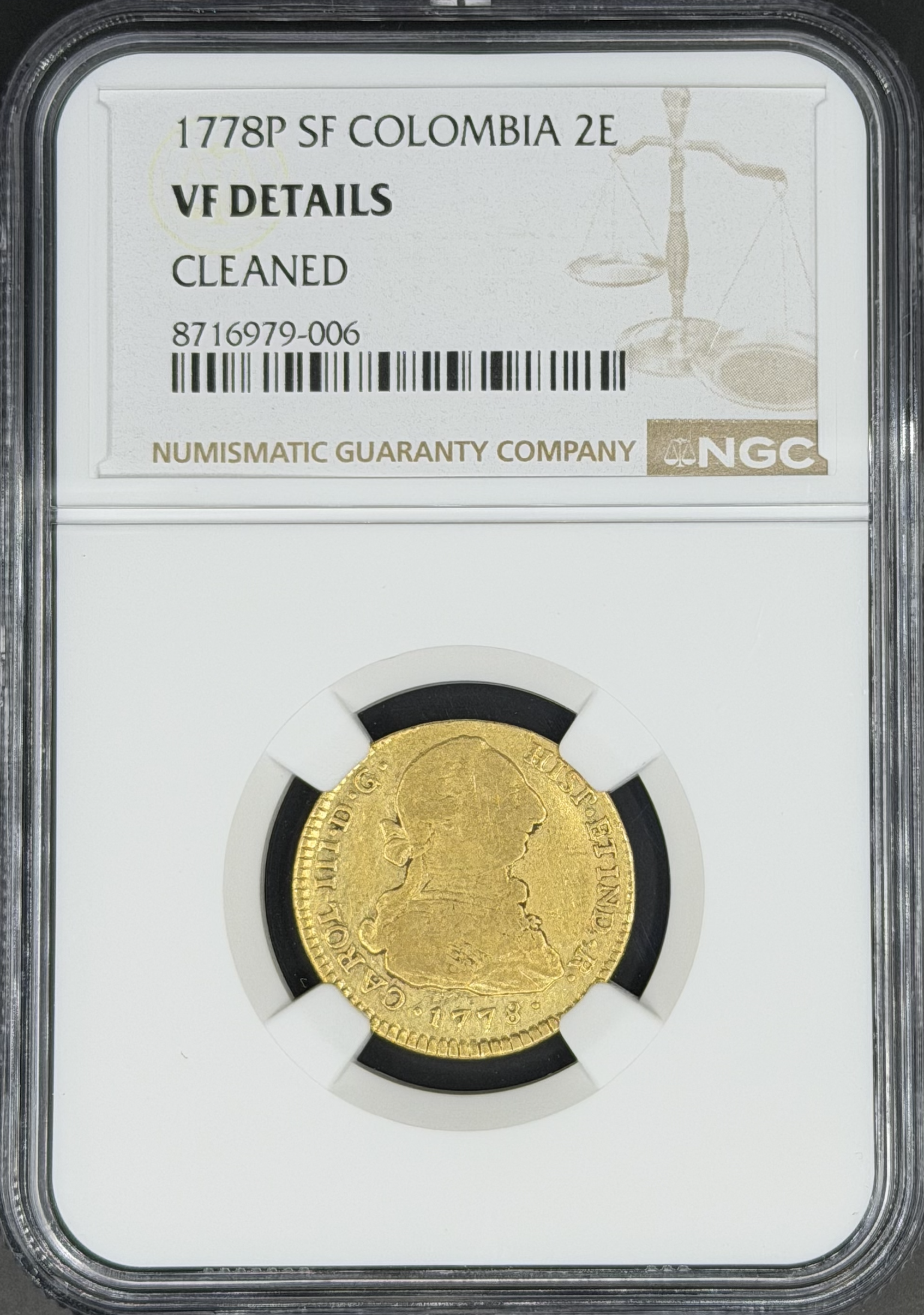 1778 P-SF 2 Escudos Gold Spanish Colonial Colombia, Popayan NGC VF *U.S. Legal Tender*