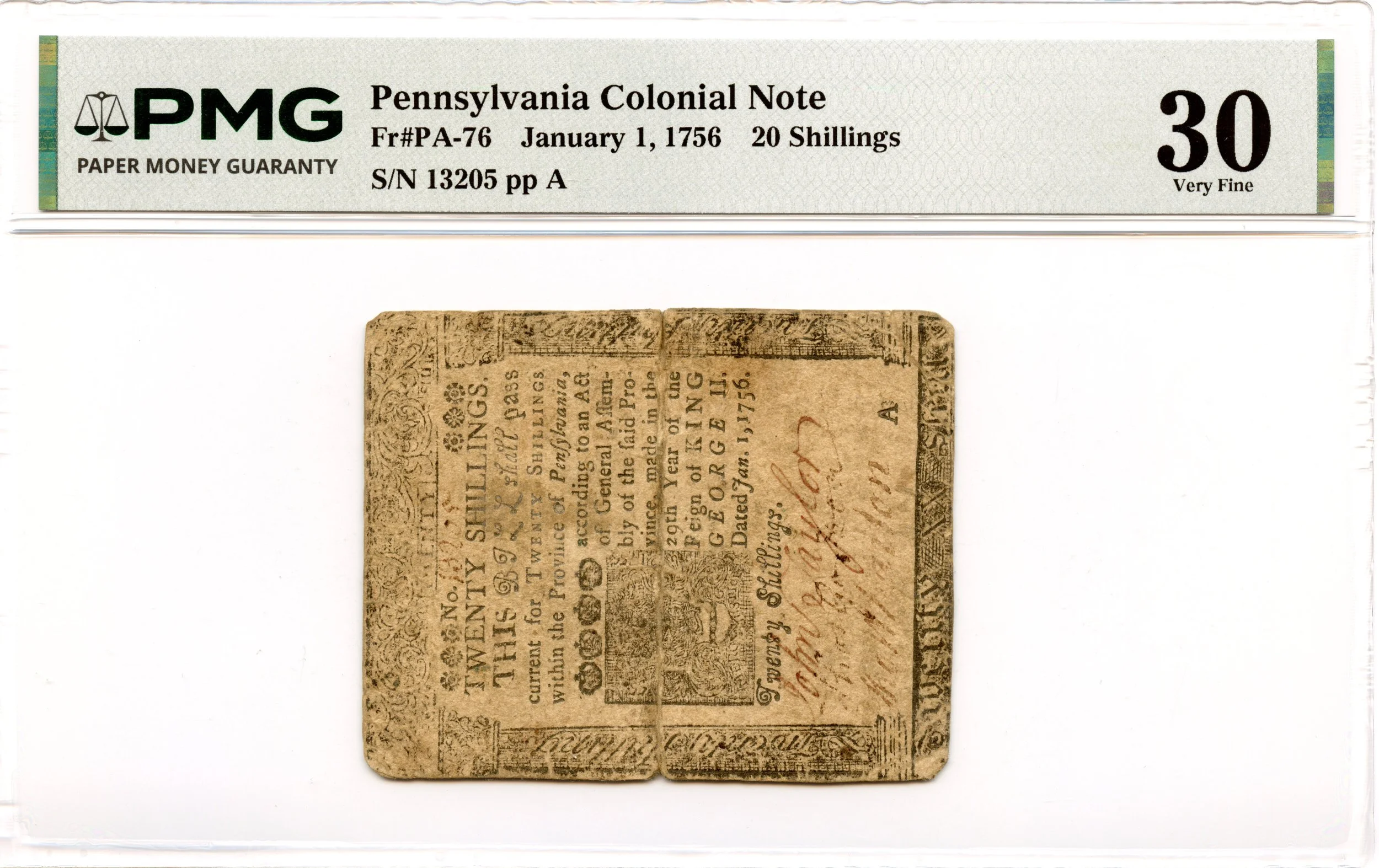 Pennsylvania Colonial Note Fr#PA-76 January 1, 1756 20s PMG VF-30 *Ben Franklin*