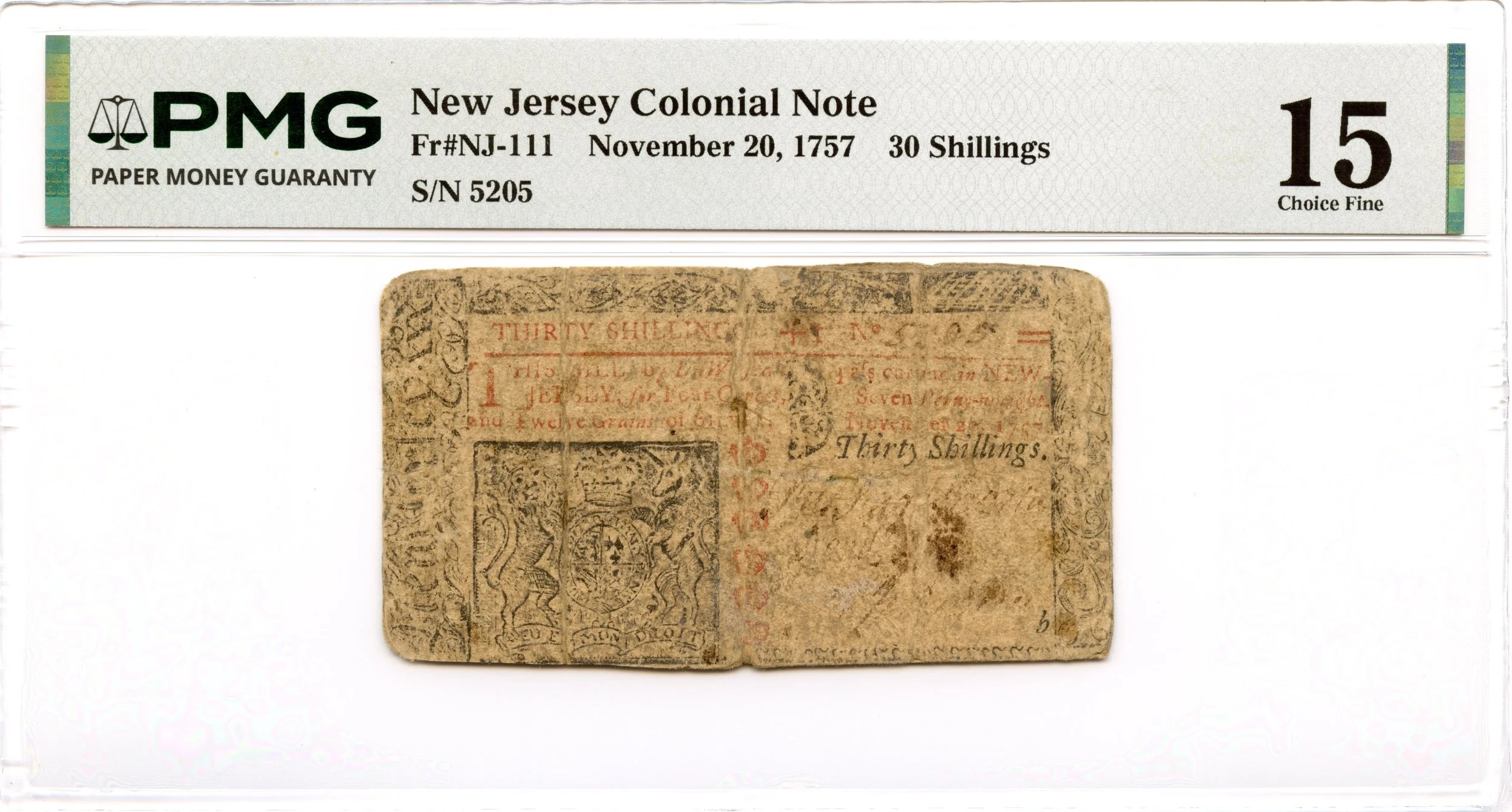 New Jersey Colonial Note Fr#NJ-111 November 20, 1757 30s PMG F-15