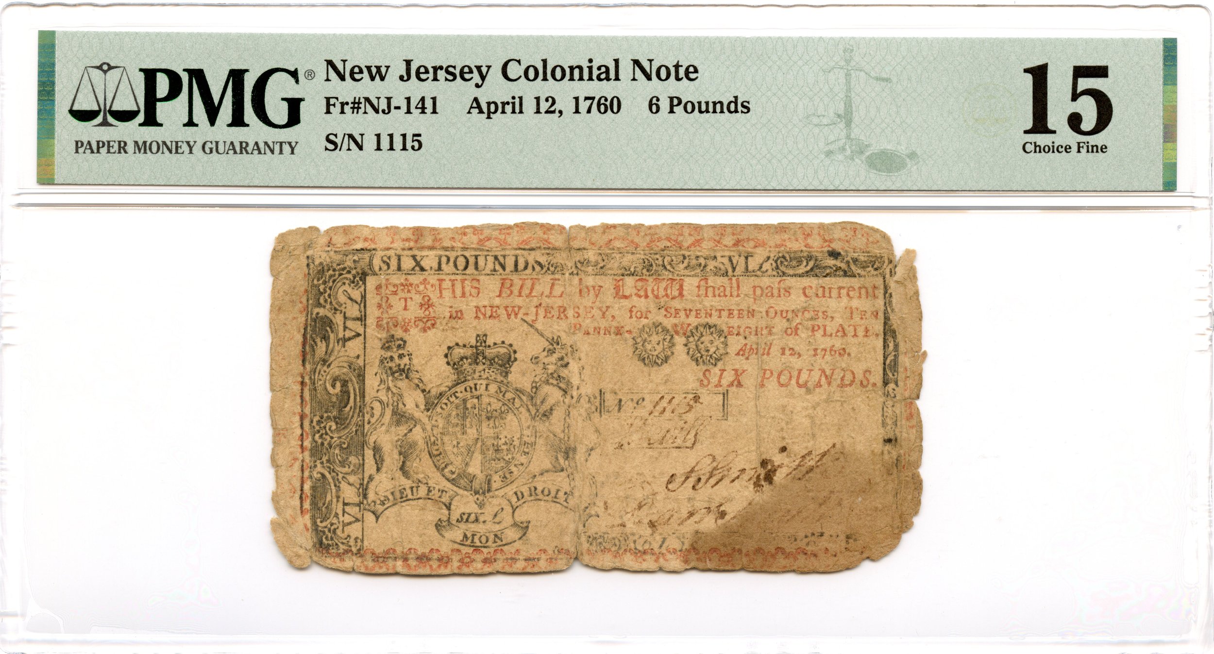 New Jersey Colonial Note Fr#NJ-141 April 12, 1760 6Pds PMG F-15