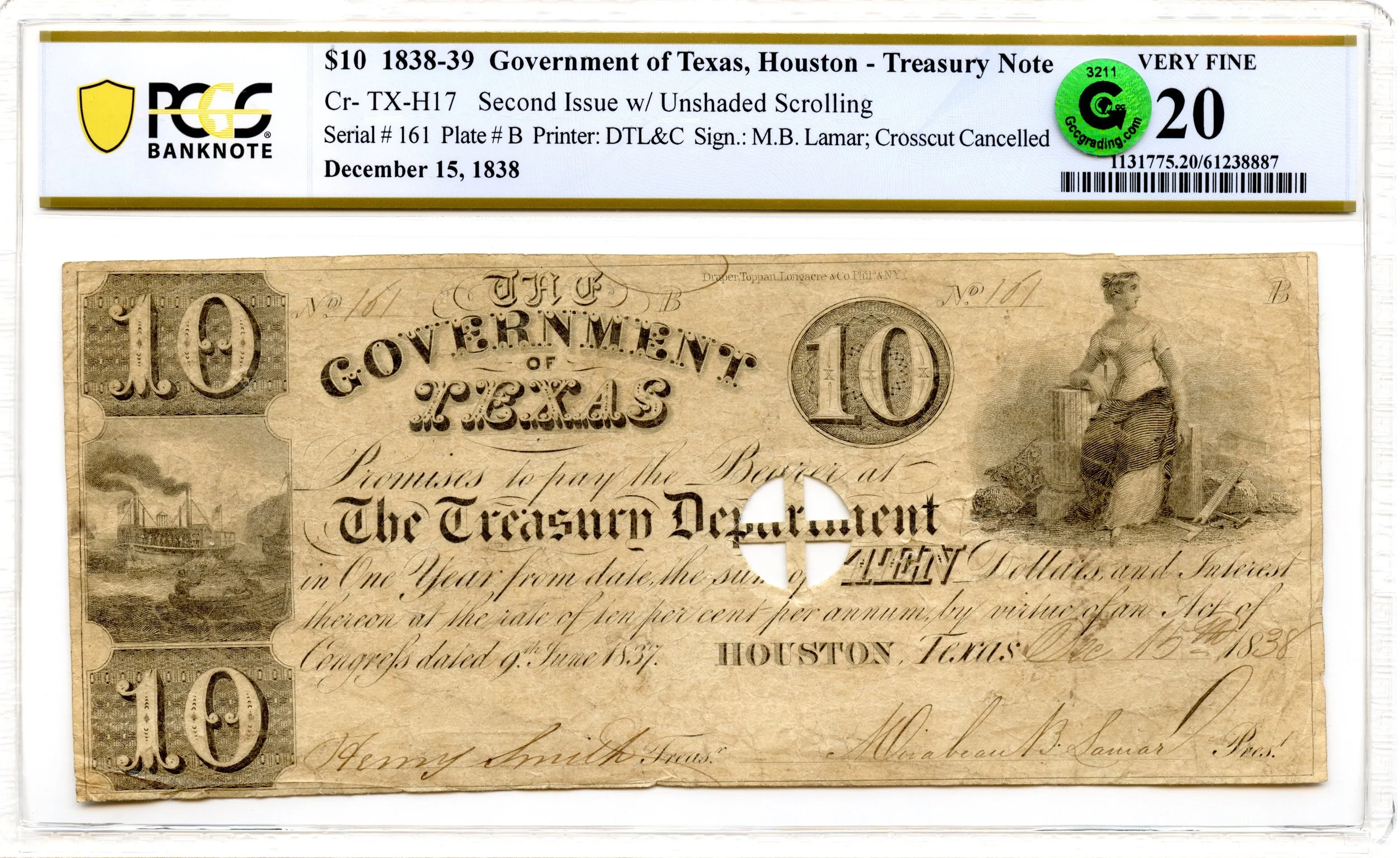 1838 $10 Houston, Texas Obsolete Note Government of Texas PCGS VF-20 GCC Green