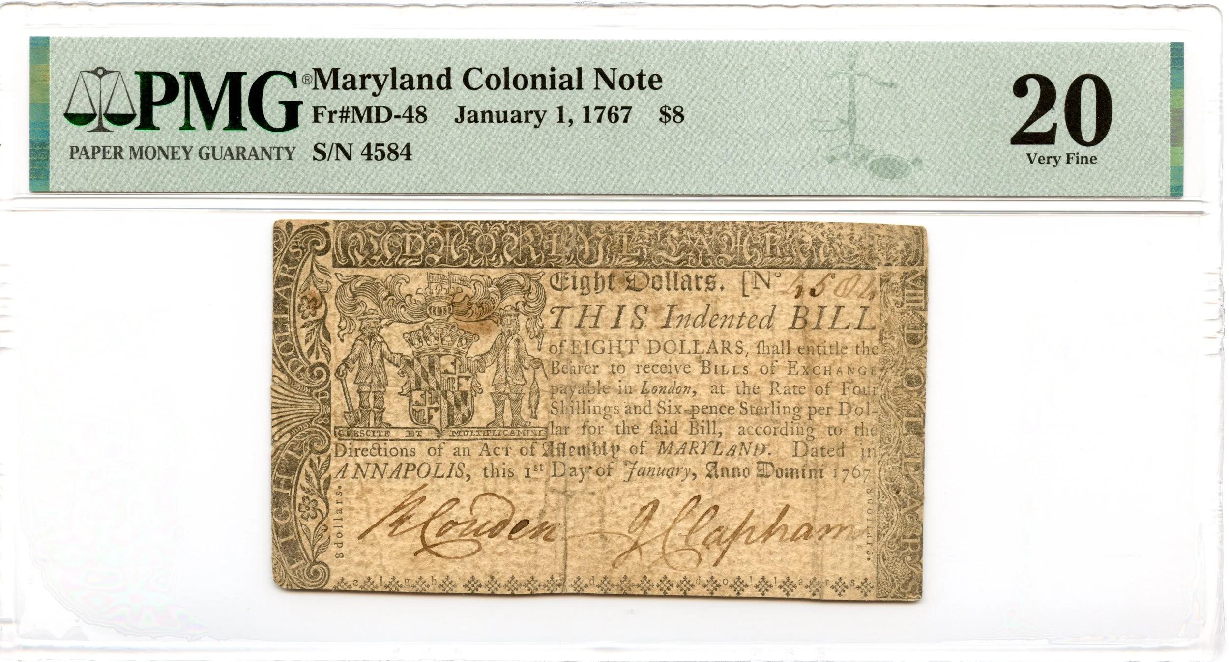 Maryland Colonial Note Fr#MD-48 January 1, 1767 $8 PMG VF-20