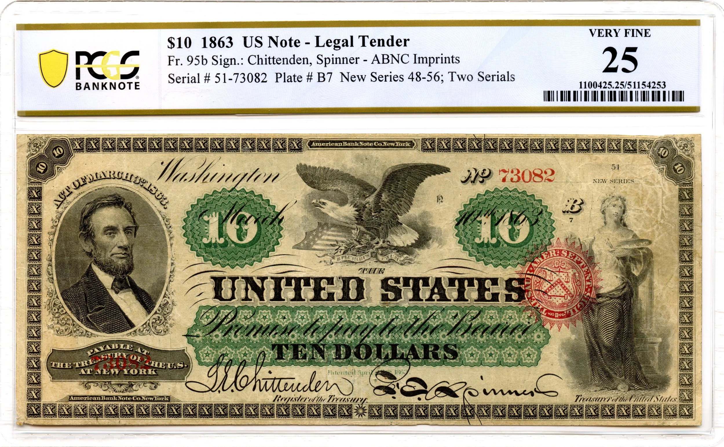 1863 $10 Legal Tender Note Fr#95b PCGS VF-25 *Lincoln*