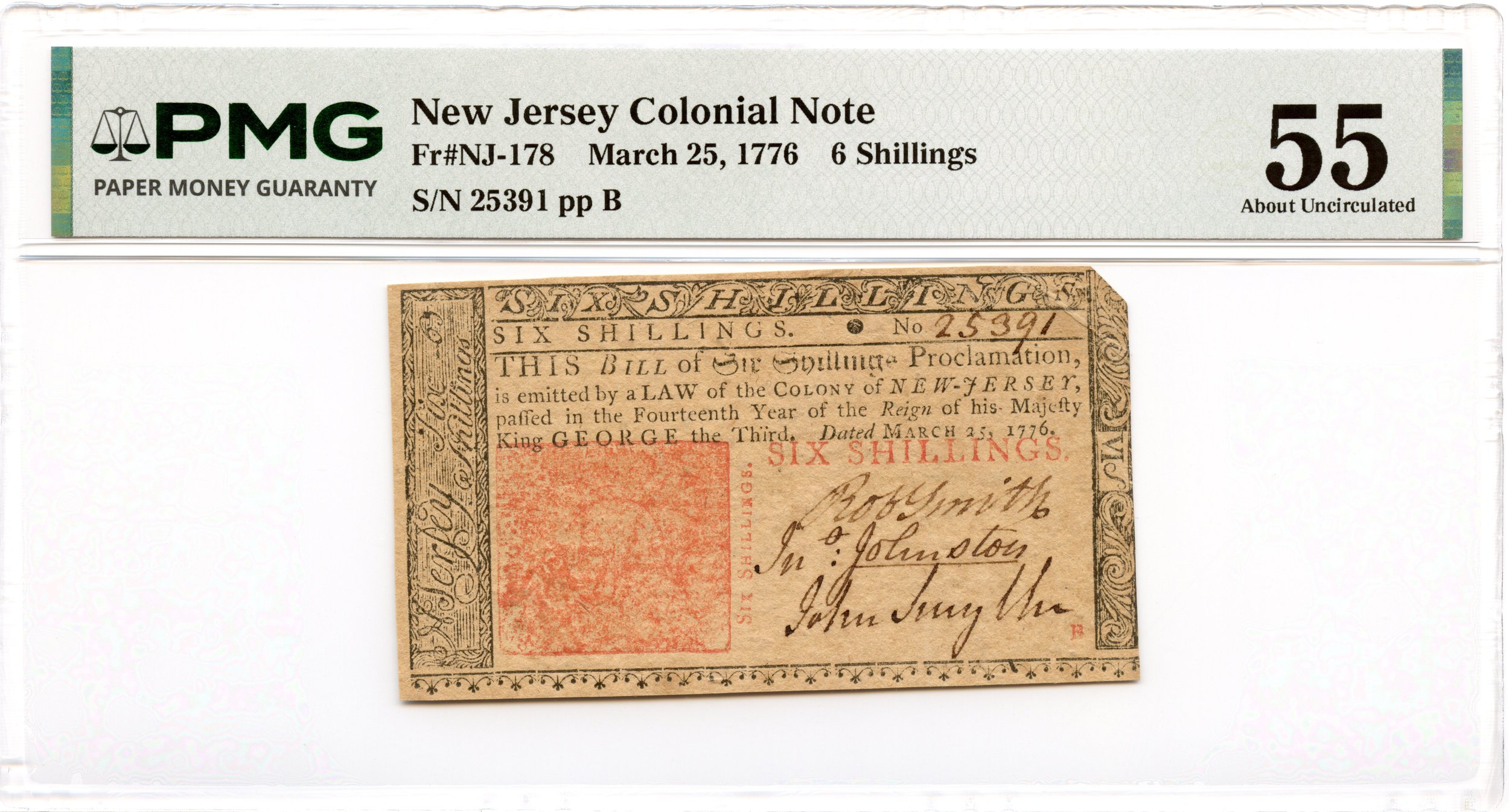 New Jersey Colonial Note Fr#NJ-178 March 25, 1776 6s PMG AU-55