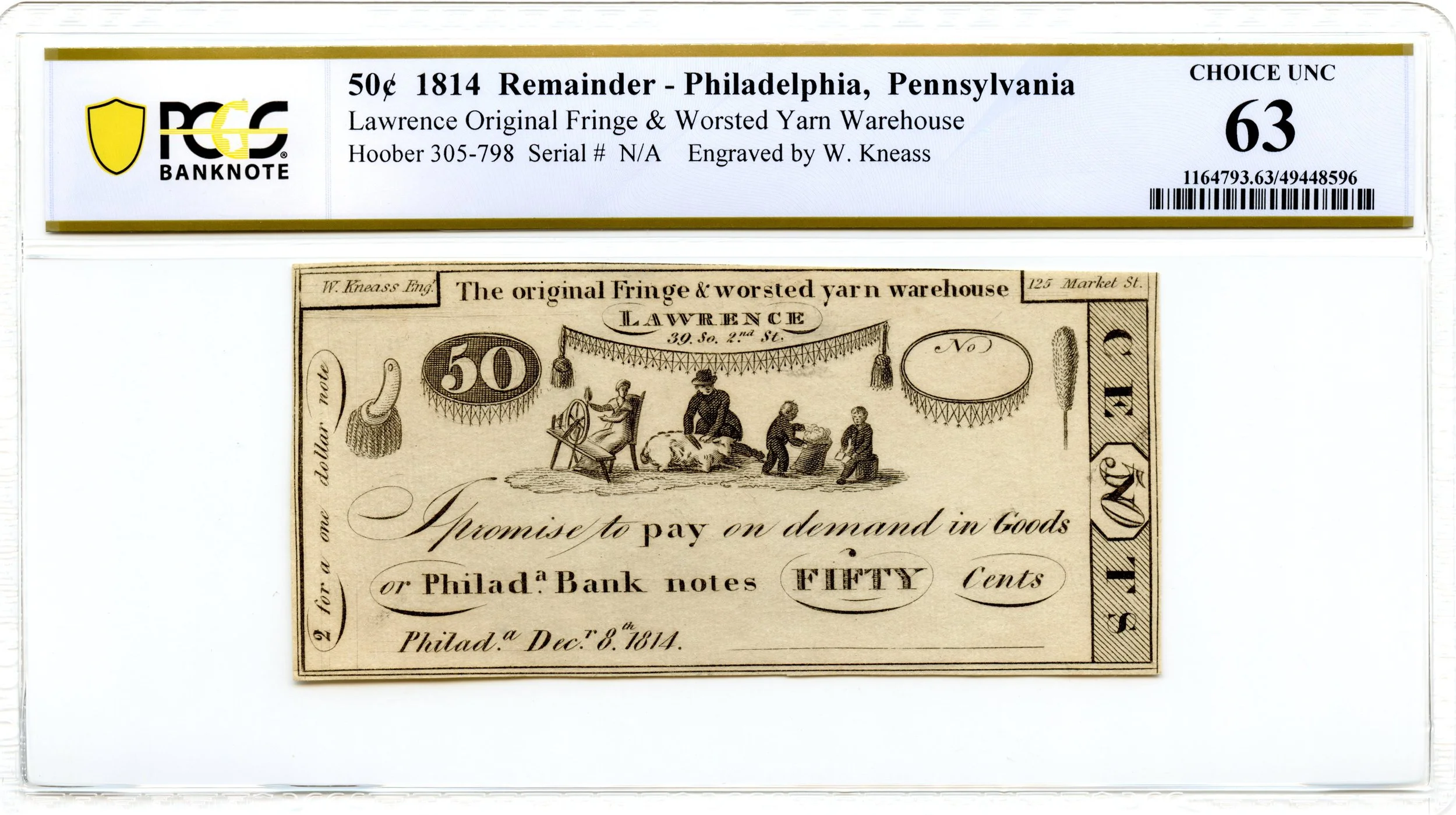1814 5 Cents Philadelphia, Pennsylvania Obsolete Note Lawrence Yarn Warehouse PCGS CU-63