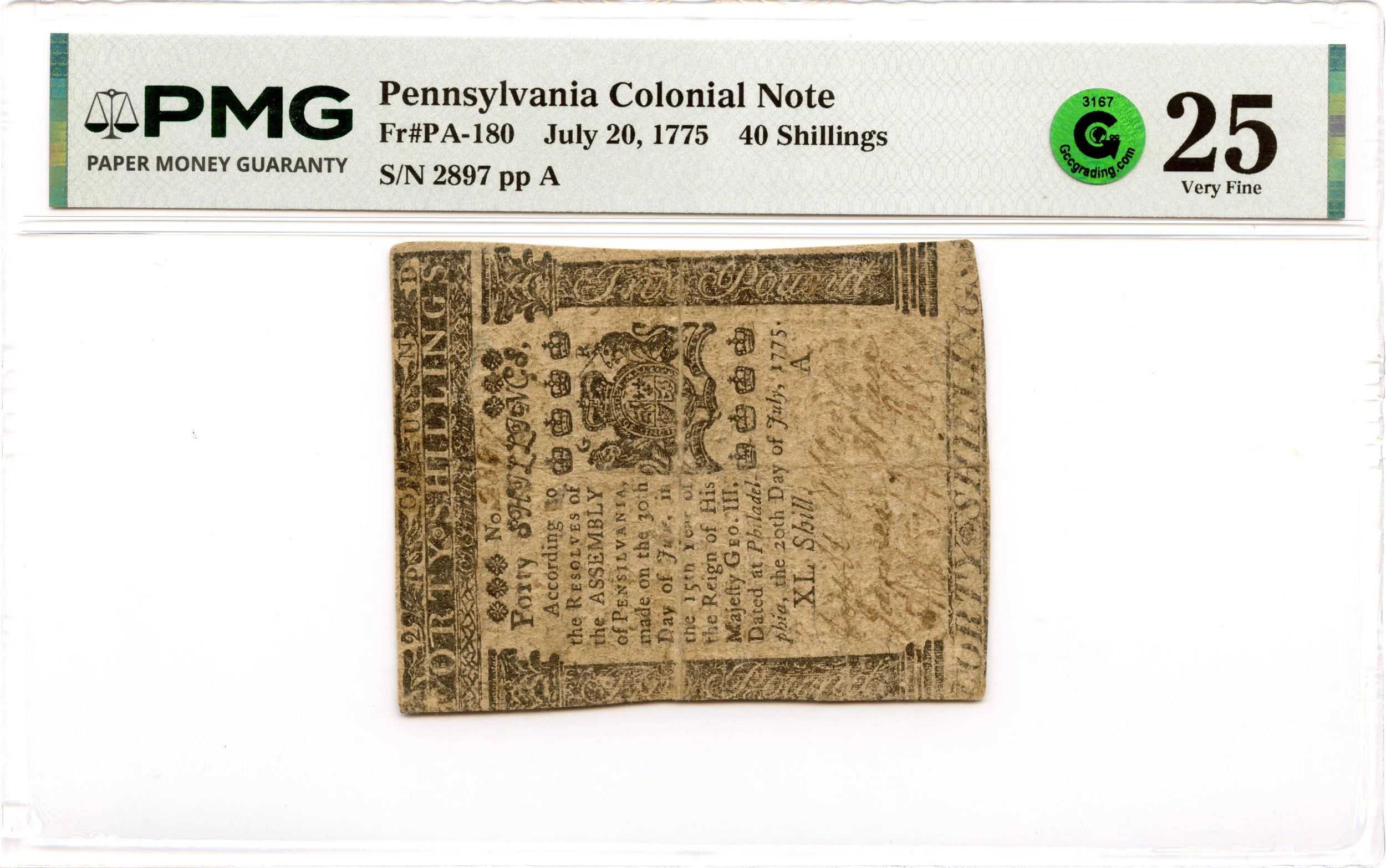 Pennsylvania Colonial Note Fr#PA-180 July 20, 1775 40s PMG VF-25 GCC Green