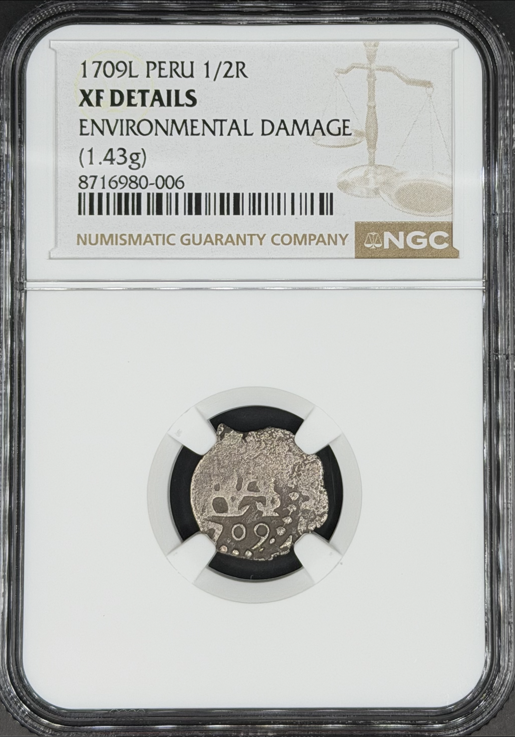 1709 L 1/2 Real Cob Spanish Colonial Peru, Lima NGC XF *Full Date*