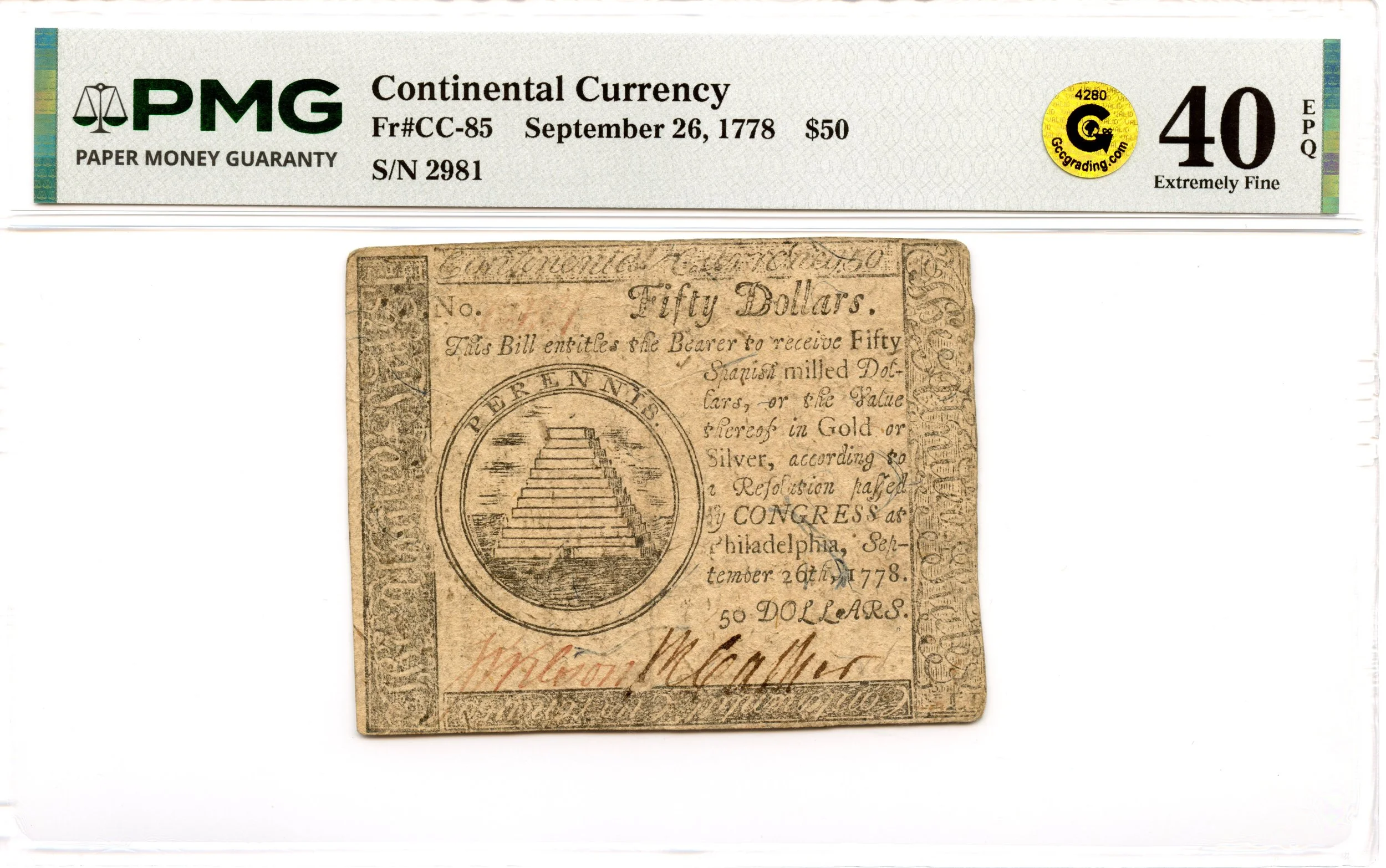 Continental Currency Fr#CC-85 September 26, 1778 $50 PMG XF-40 EPQ GCC Gold *Exceptional*