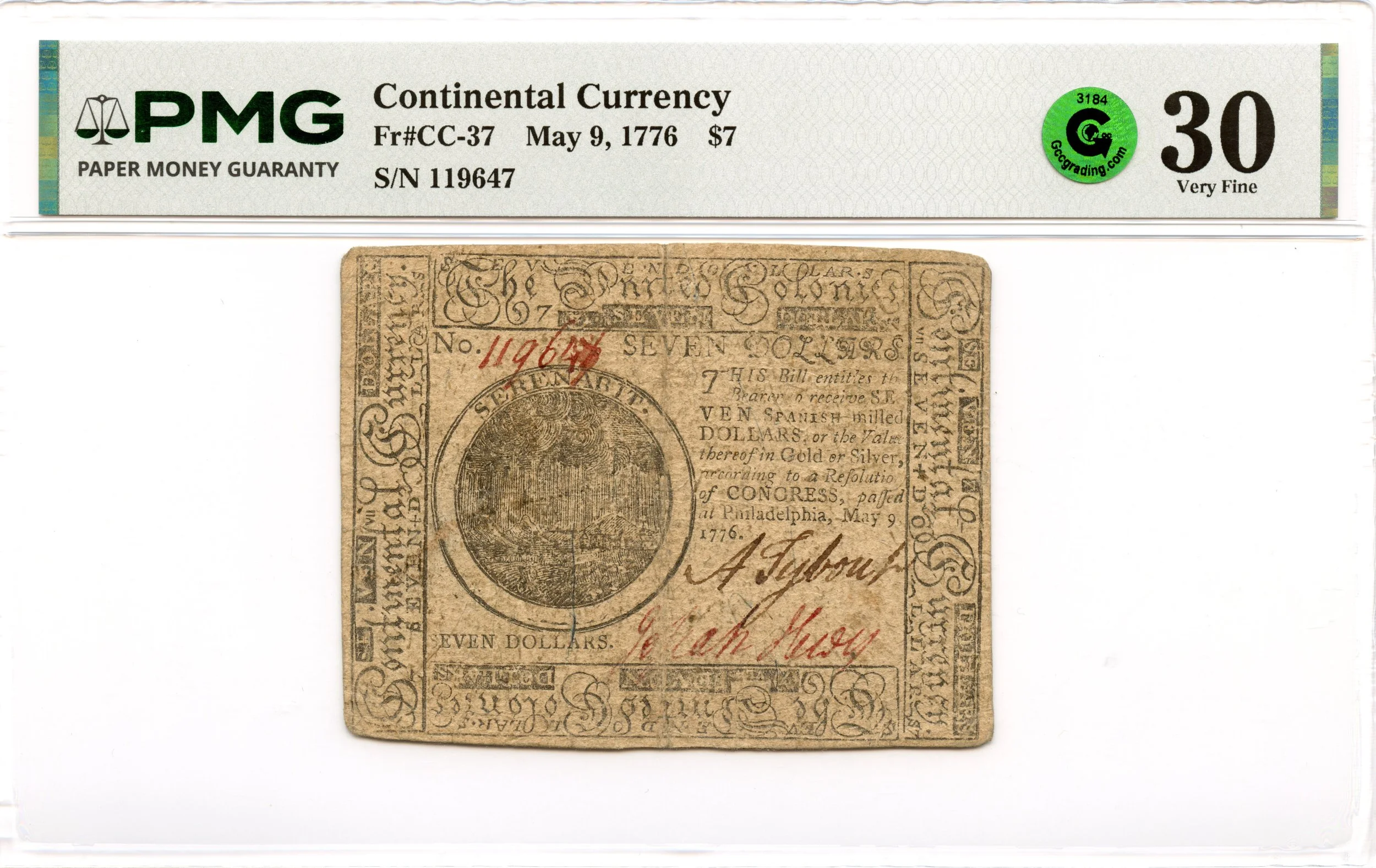 Continental Currency Fr#CC-37 May 9, 1776 $7 PMG VF-30 GCC Green
