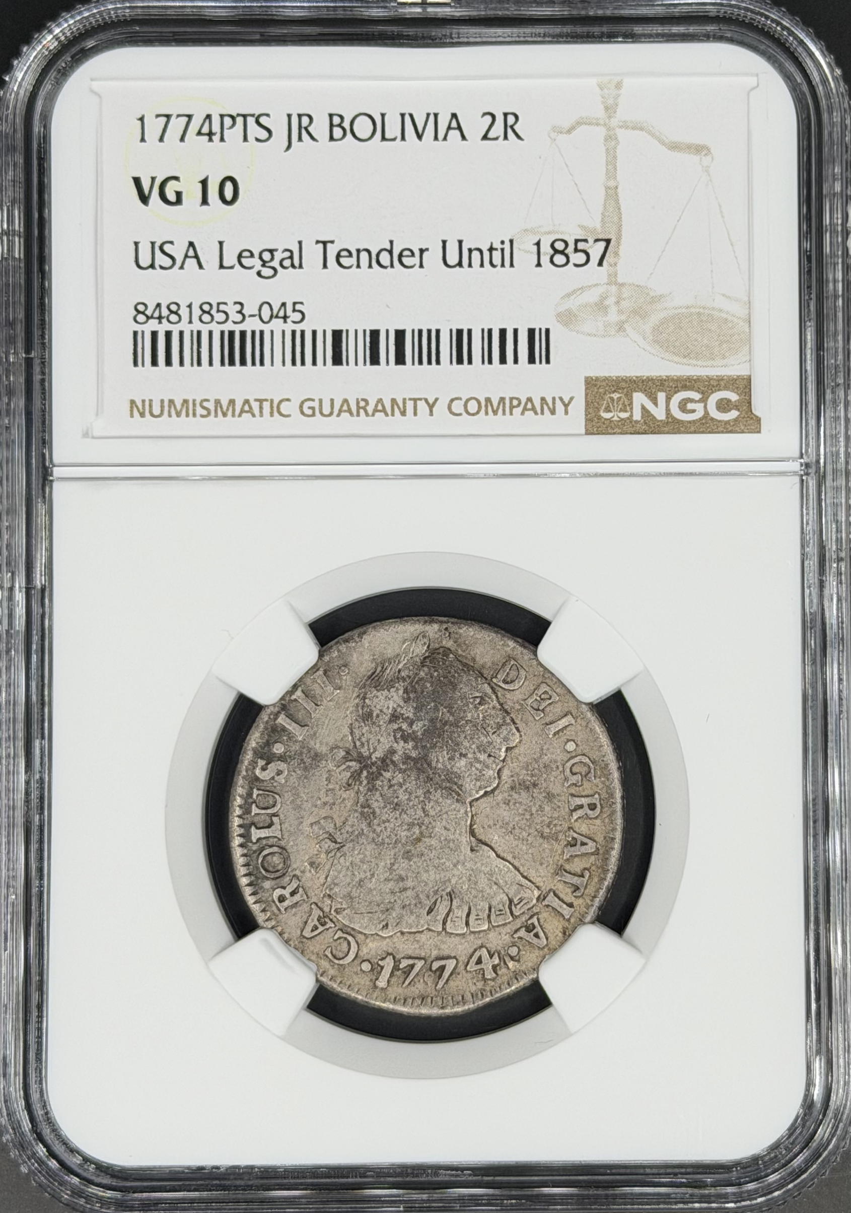 1774 PTS-JR 2 Reales Spanish Colonial Bolivia, Potosi NGC VG-10 *U.S. Legal Tender*