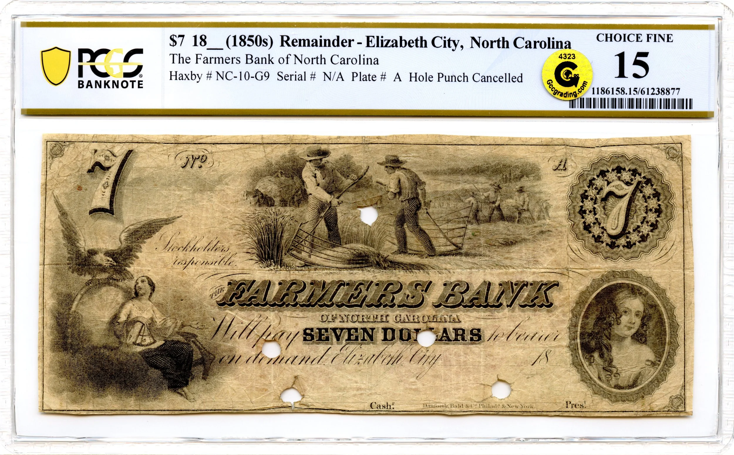 1850s $7 Elizabeth City, North Carolina Obsolete Note Farmers Bank PCGS F-15 GCC Gold *Rare*