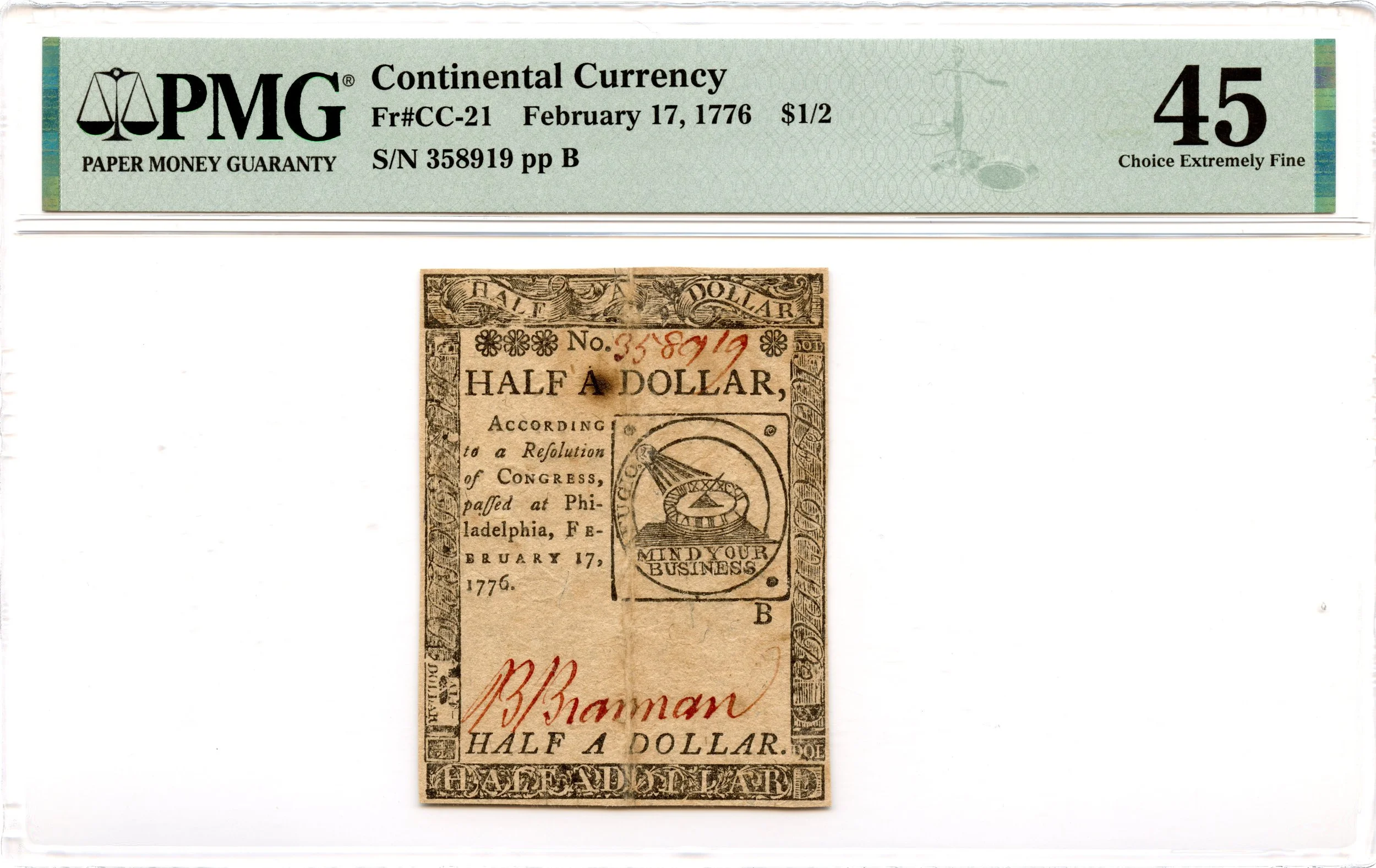 Continental Currency Fr#CC-21 February 17, 1776 $1/2 PMG XF-45 *Fugio Note*