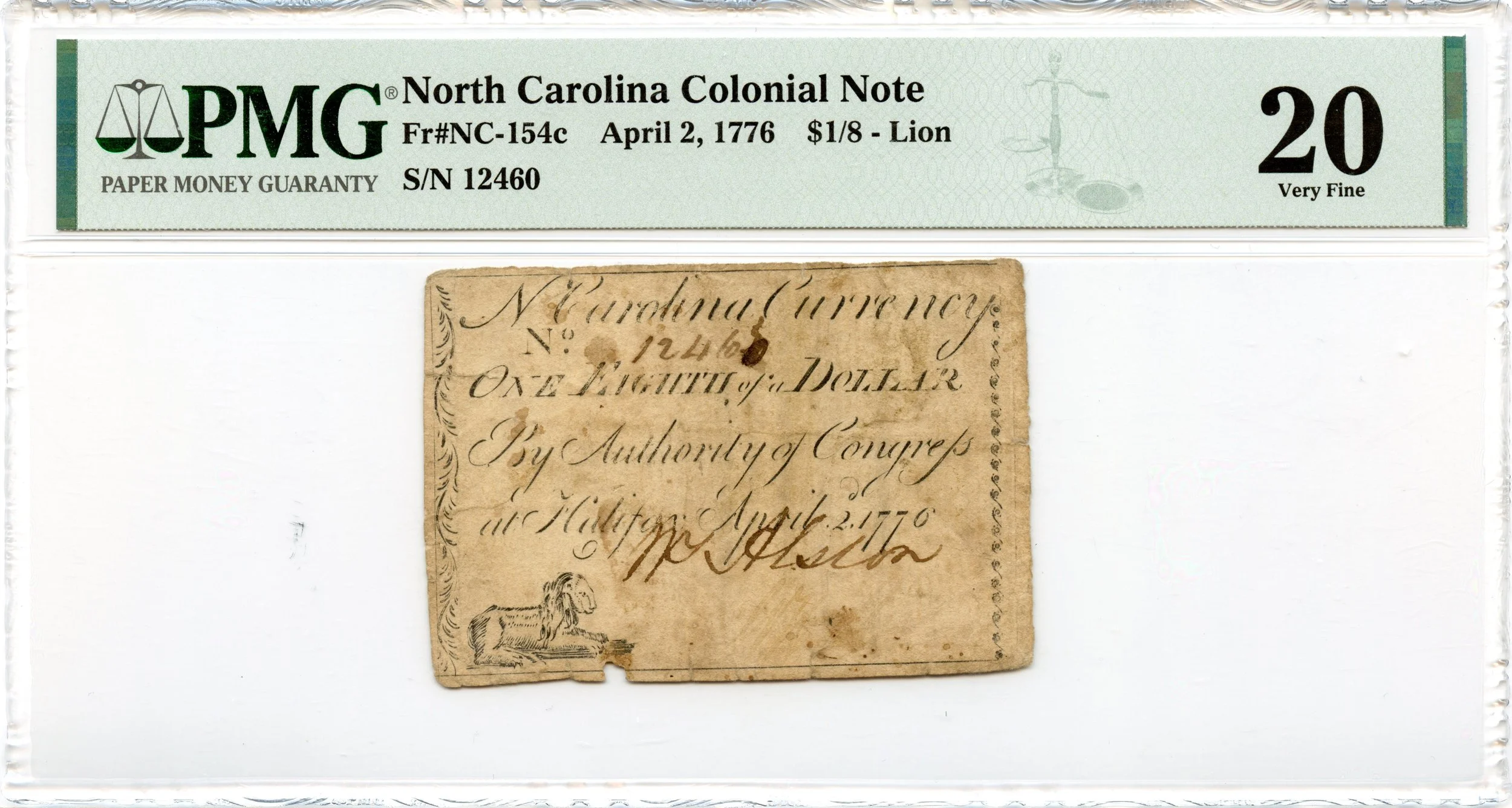 North Carolina Colonial Note Fr#NC-154c April 2, 1776 $1/8 PMG VF-20 *Lion*