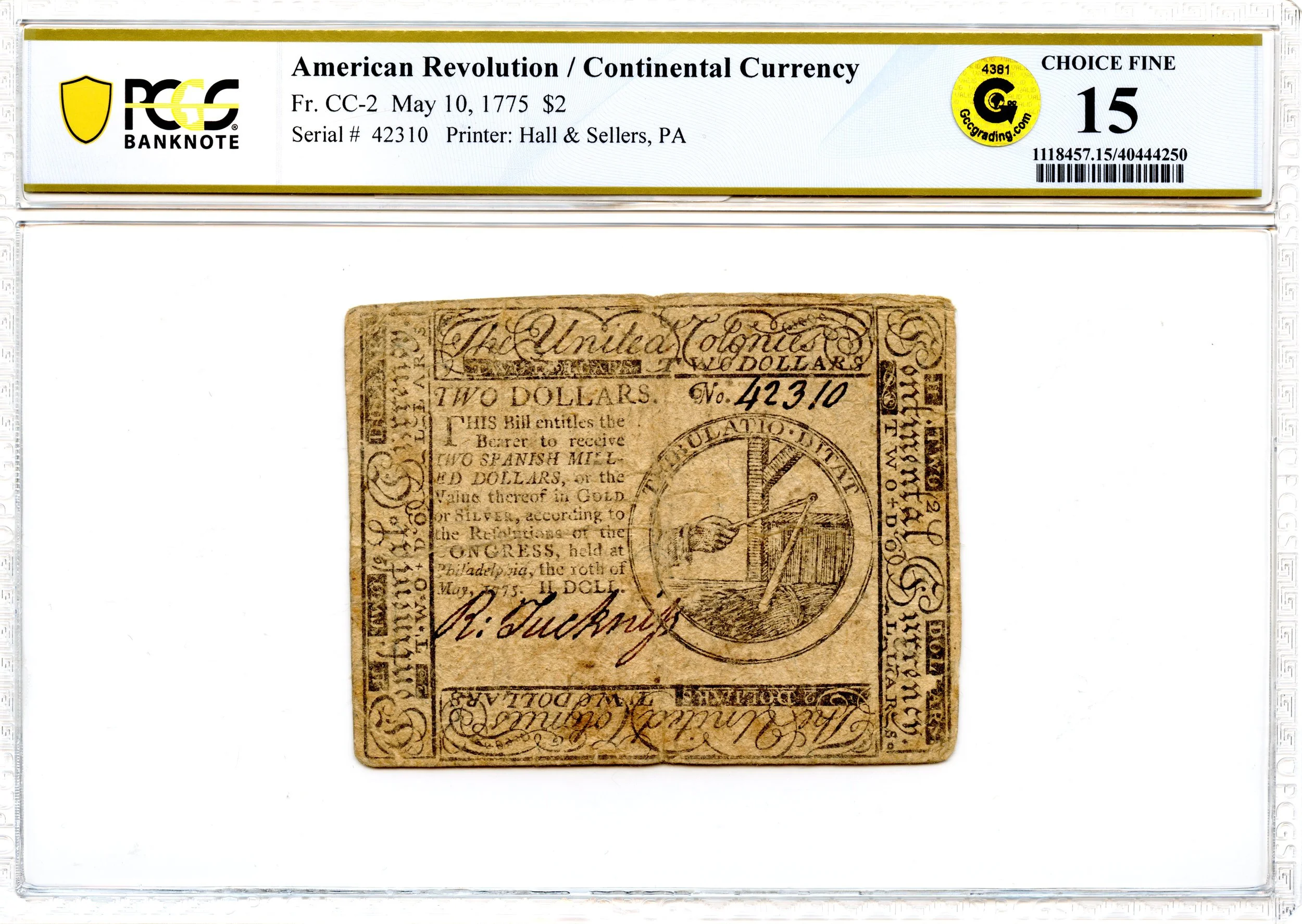 Continental Currency Fr#CC-2 May 10, 1775 $2 PCGS F-15 GCC Gold *First Issue*