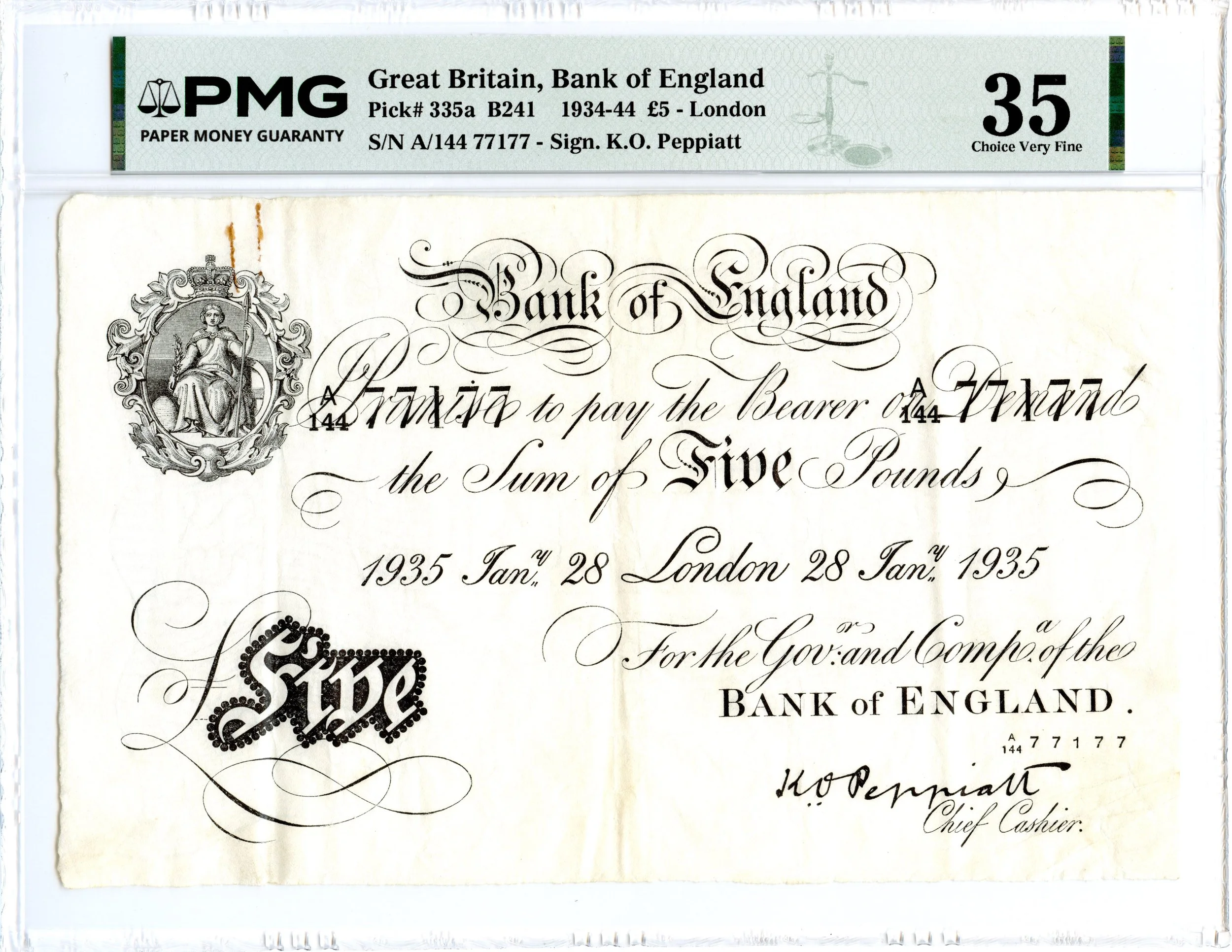 1935 5 Pounds Bank of England, Great Britain Pick# 335a B241 PMG VF-35