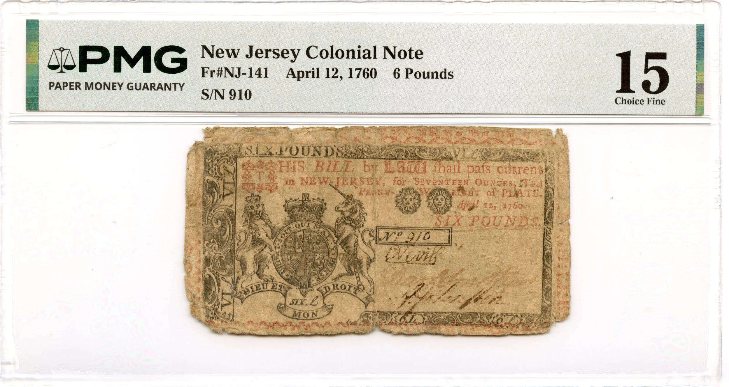 New Jersey Colonial Note Fr#NJ-141 April 12, 1760 6 Pounds PMG F-15