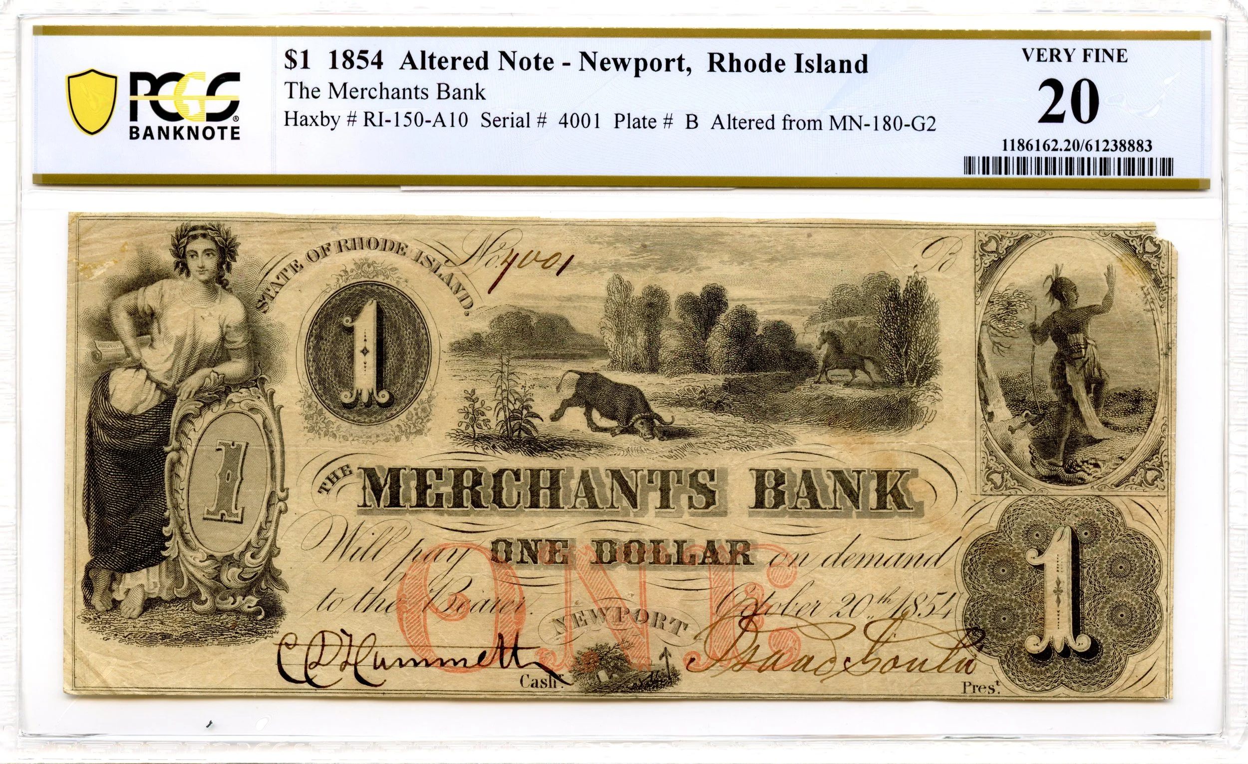 1854 $1 Newport, Rhode Island Obsolete Note Merchants Bank PCGS VF-20 Altered/Spurious