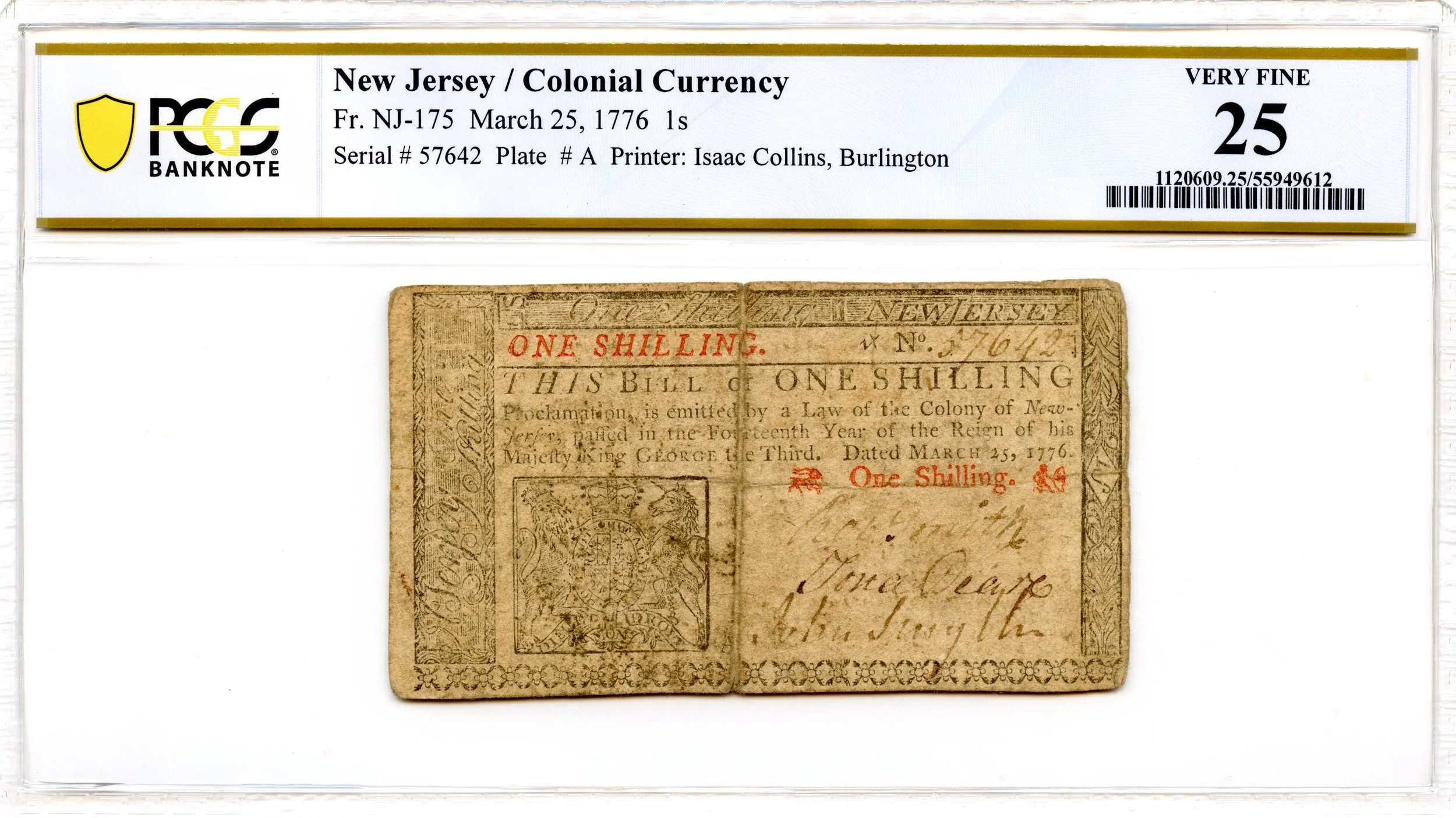 New Jersey Colonial Note Fr#NJ-175 March 25, 1776 1s PCGS VF-25