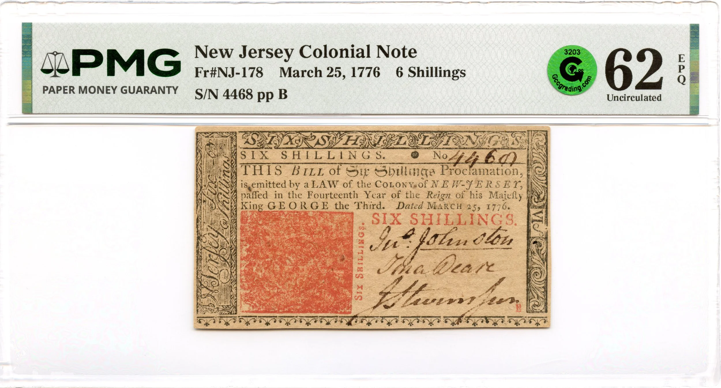 New Jersey Colonial Note Fr#NJ-178 March 25, 1776 6s PMG UNC 62 EPQ GCC Green
