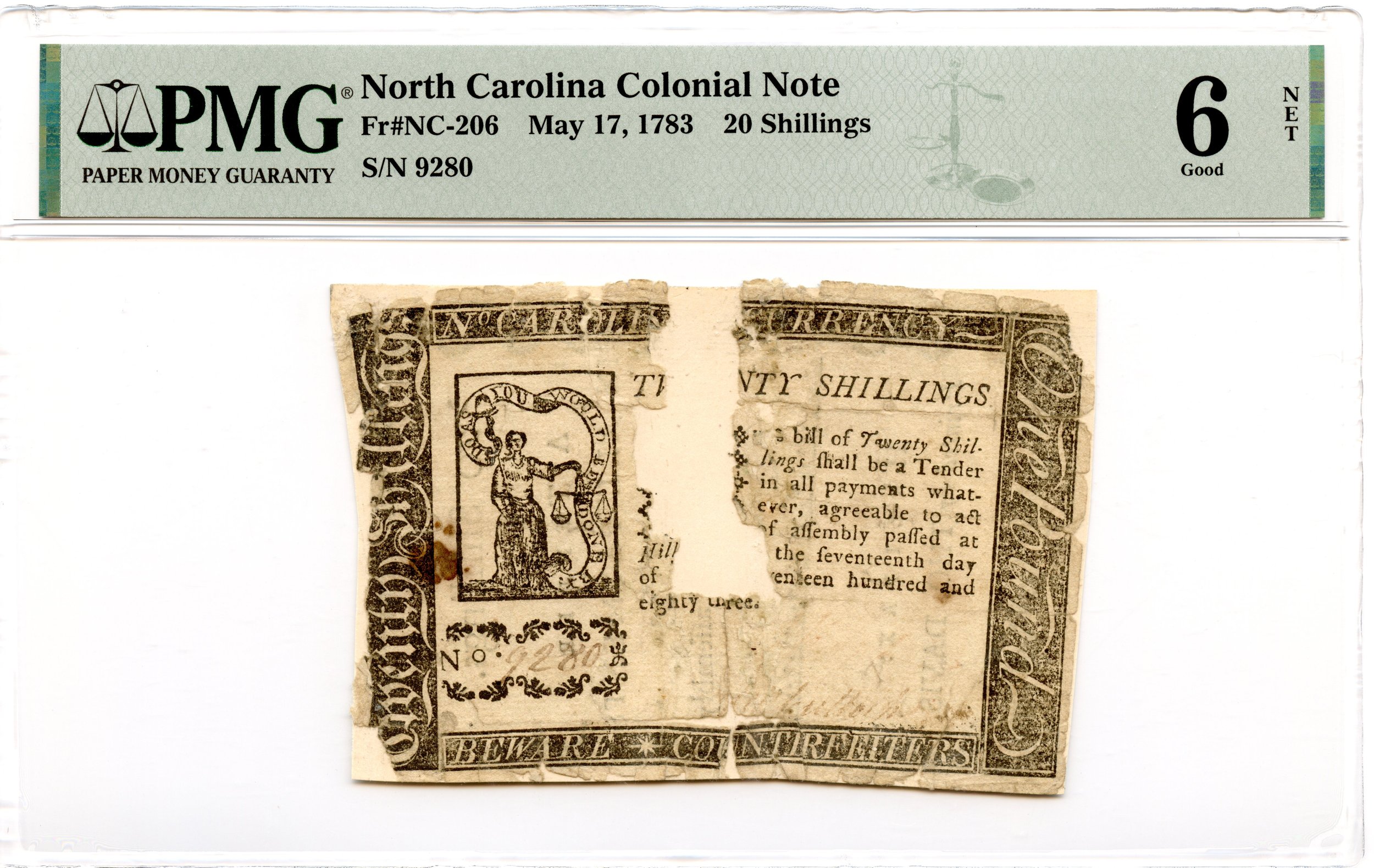 North Carolina Colonial Note Fr#NC-206 May 17, 1783 20s PMG G-6 *2 Known*