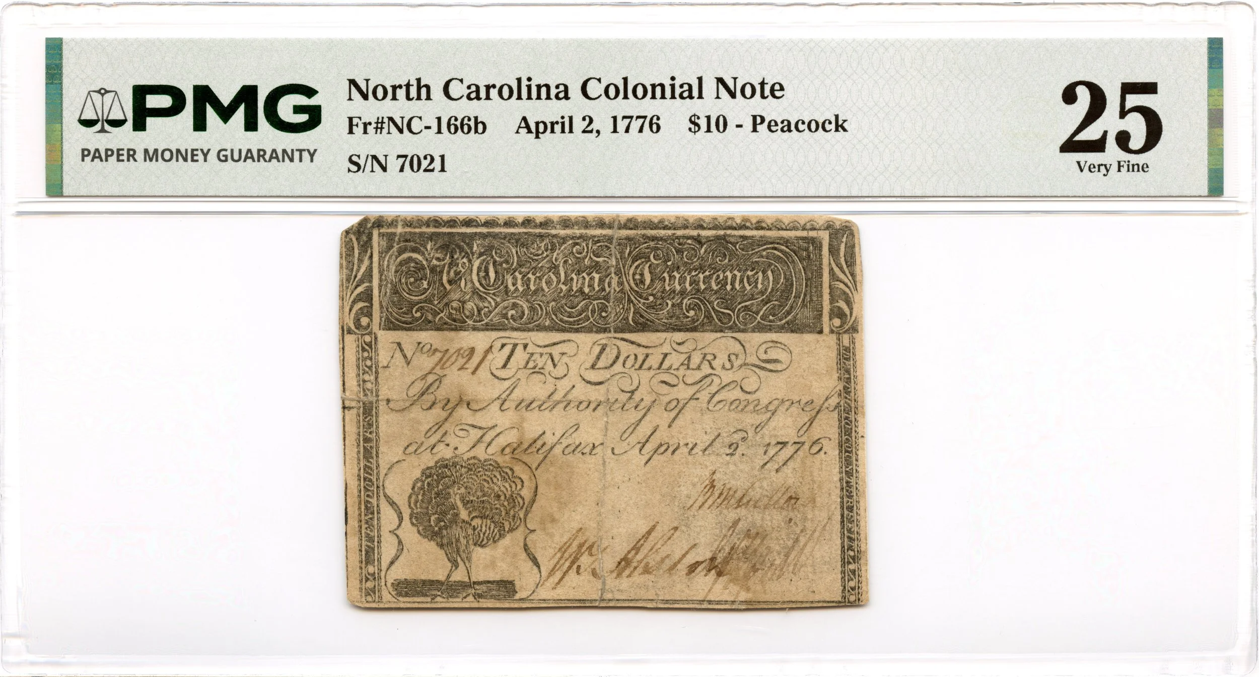 North Carolina Colonial Note Fr#NC-166b April 2, 1776 $10 PMG VF-25 *Peacock*