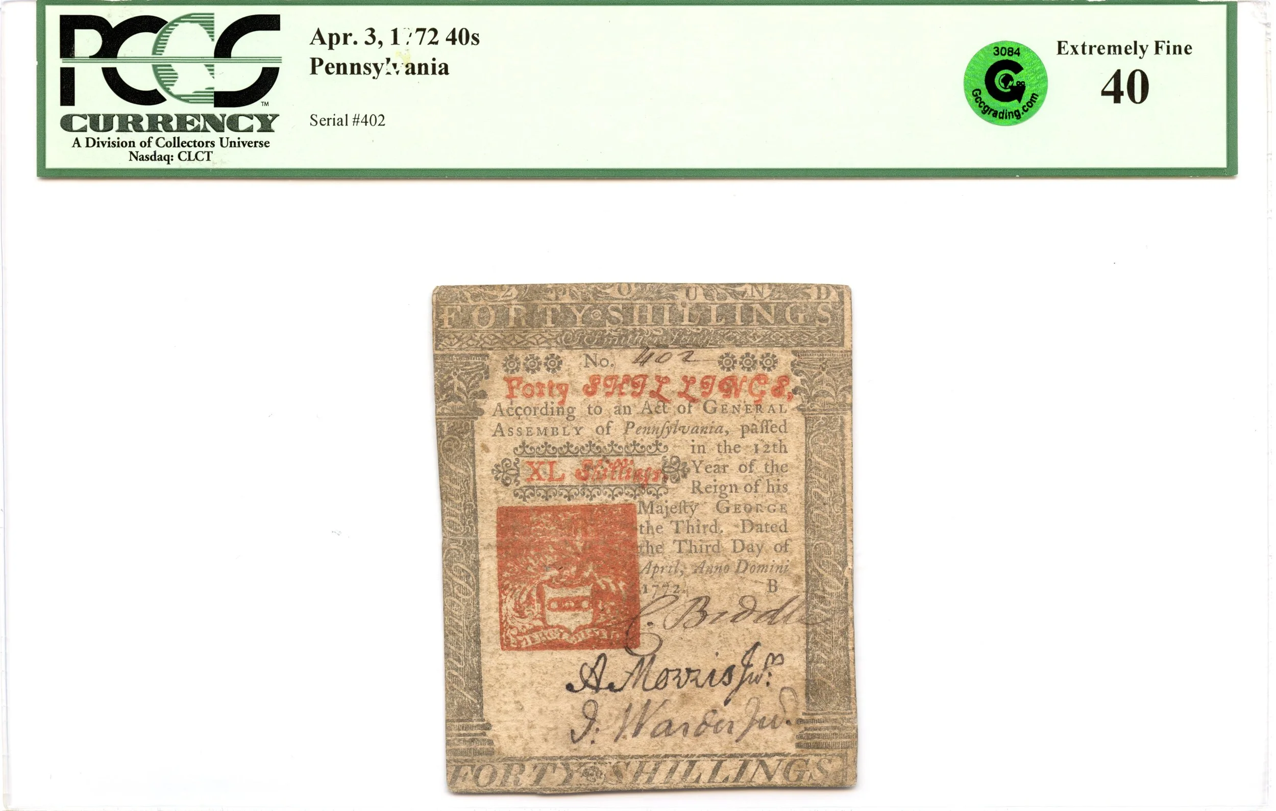 Pennsylvania Colonial Note Fr#PA-158 April 3, 1772 40s PCGS XF-40 GCC Green *Scarce*