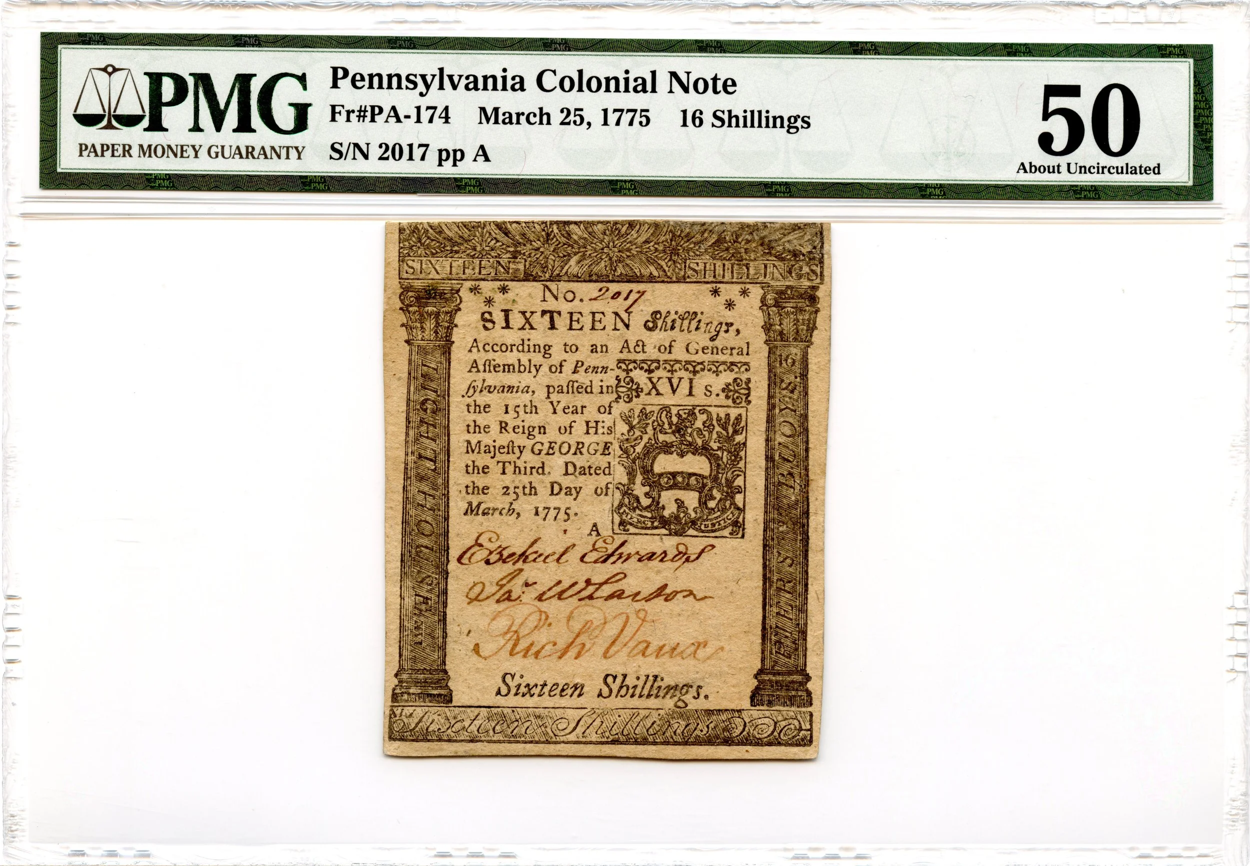 Pennsylvania Colonial Note Fr#PA-174 March 25, 1775 16s PMG AU-50 *Lighthouse*