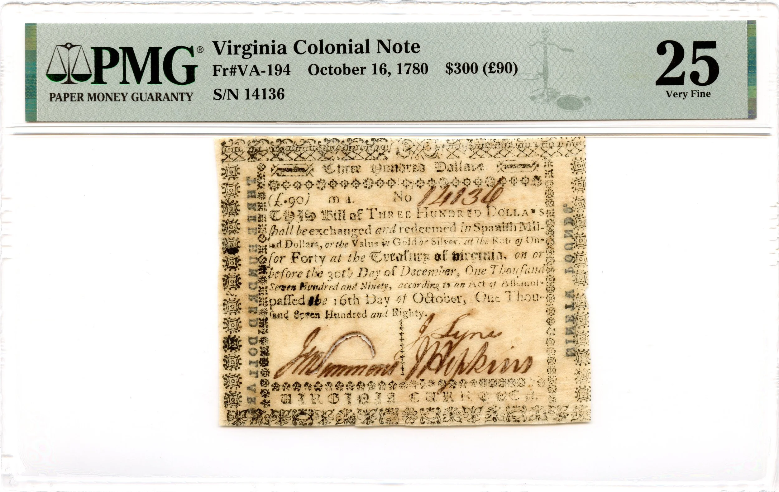 Virginia Colonial Note Fr#VA-194 October 16, 1780 $300 PMG VF-25 *High Denom*