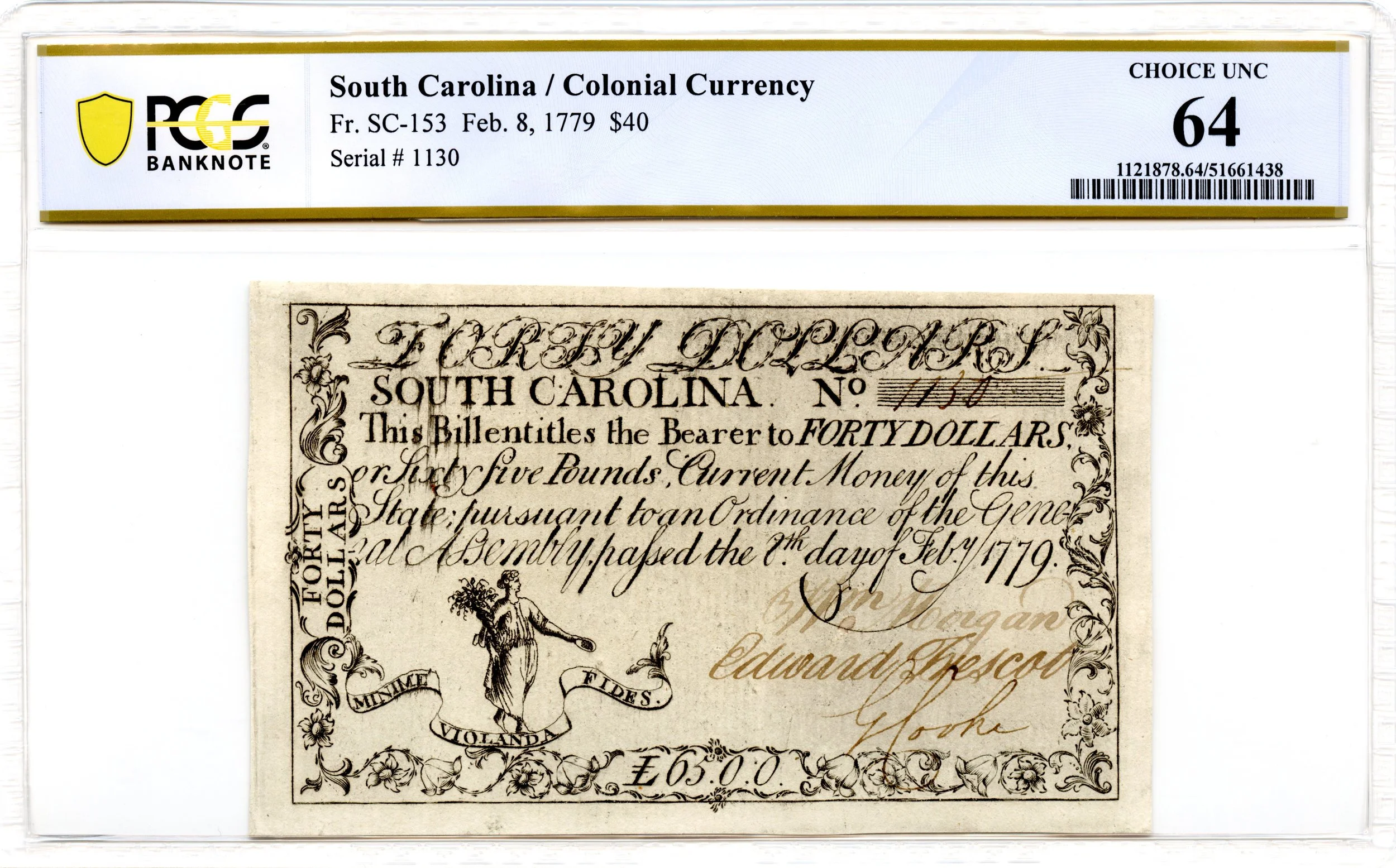 South Carolina Colonial Note Fr#SC-153 February 8, 1779 $40 PCGS CU-64 *Exceptional*