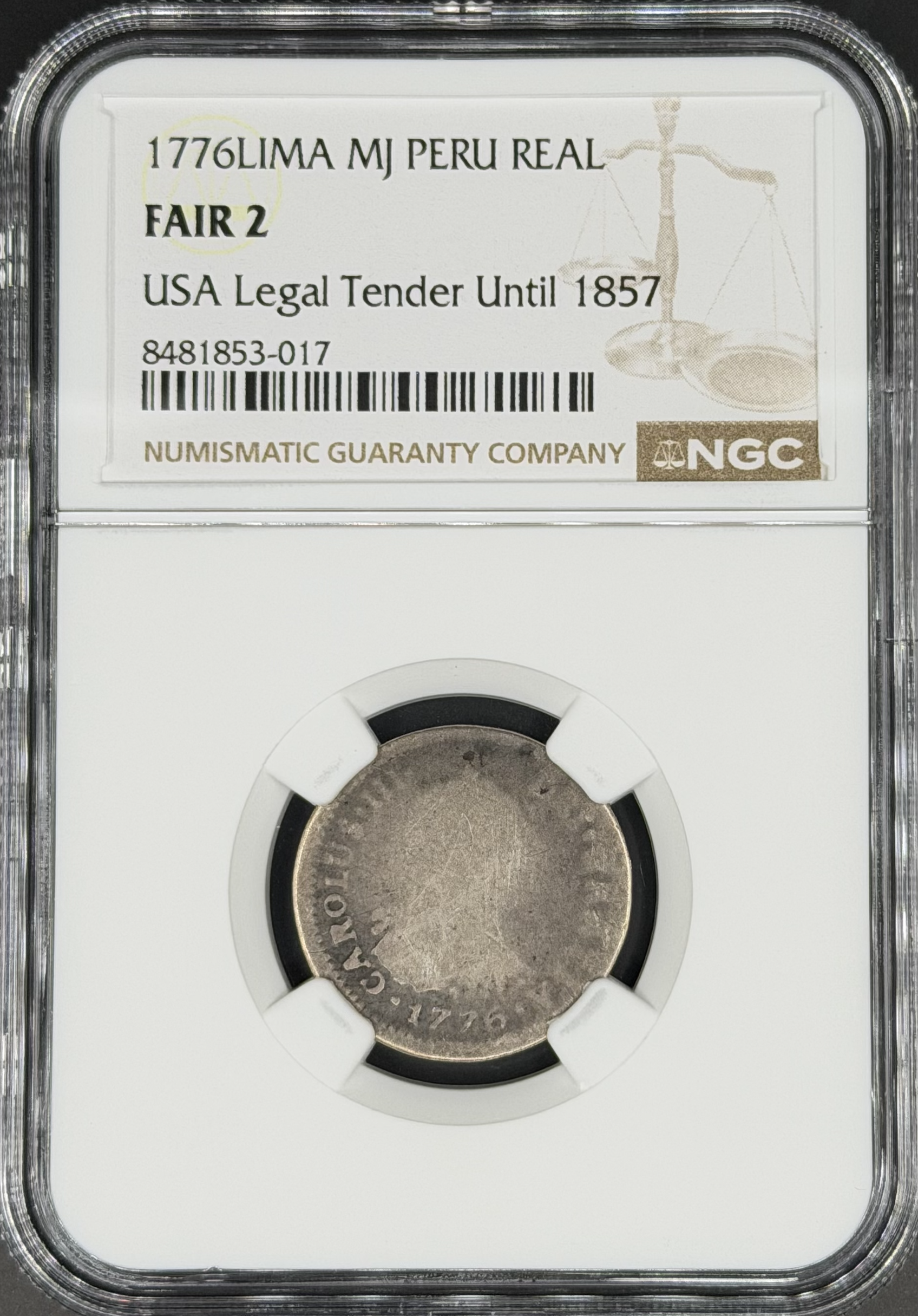 1776 L-MJ 1 Real Spanish Colonial Peru, Lima NGC FR-2 *U.S. Legal Tender*