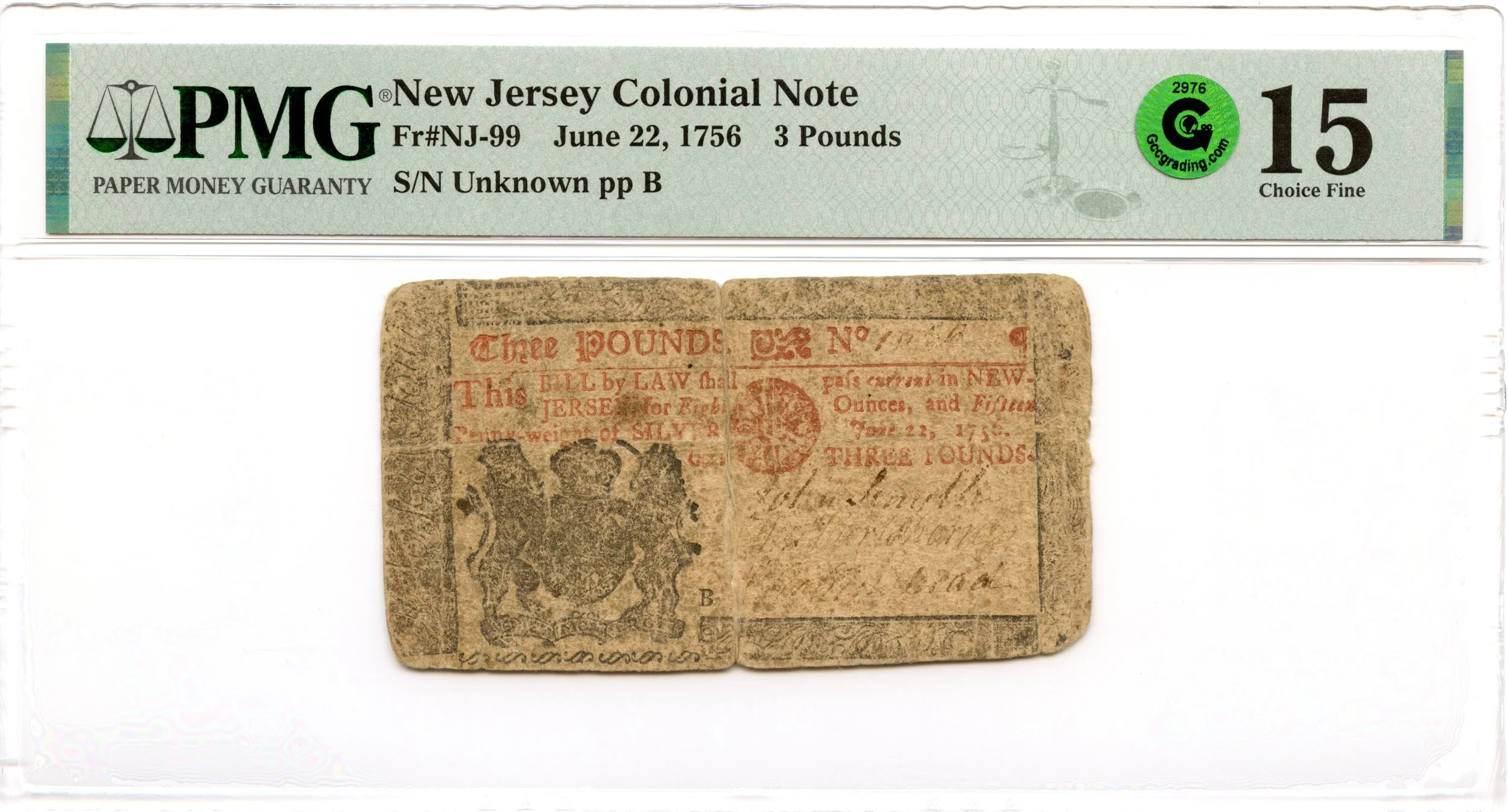 New Jersey Colonial Note Fr#NJ-99 June 22, 1756 3Pd PMG F-15 GCC Green *11 Known*