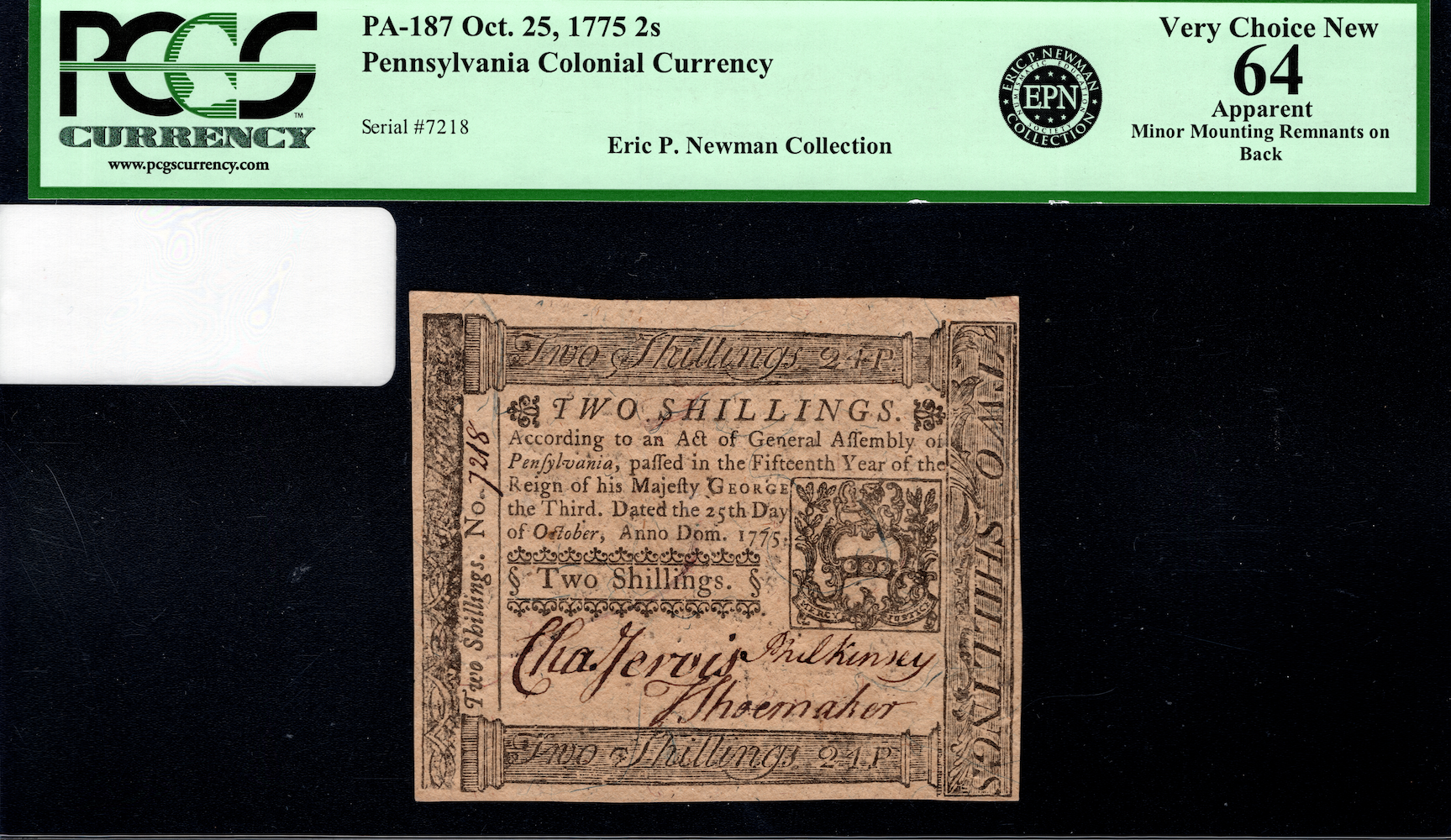 Pennsylvania Colonial Note Fr#PA-187 October 25, 1775 2s PCGS 64 *Ex. Newman*