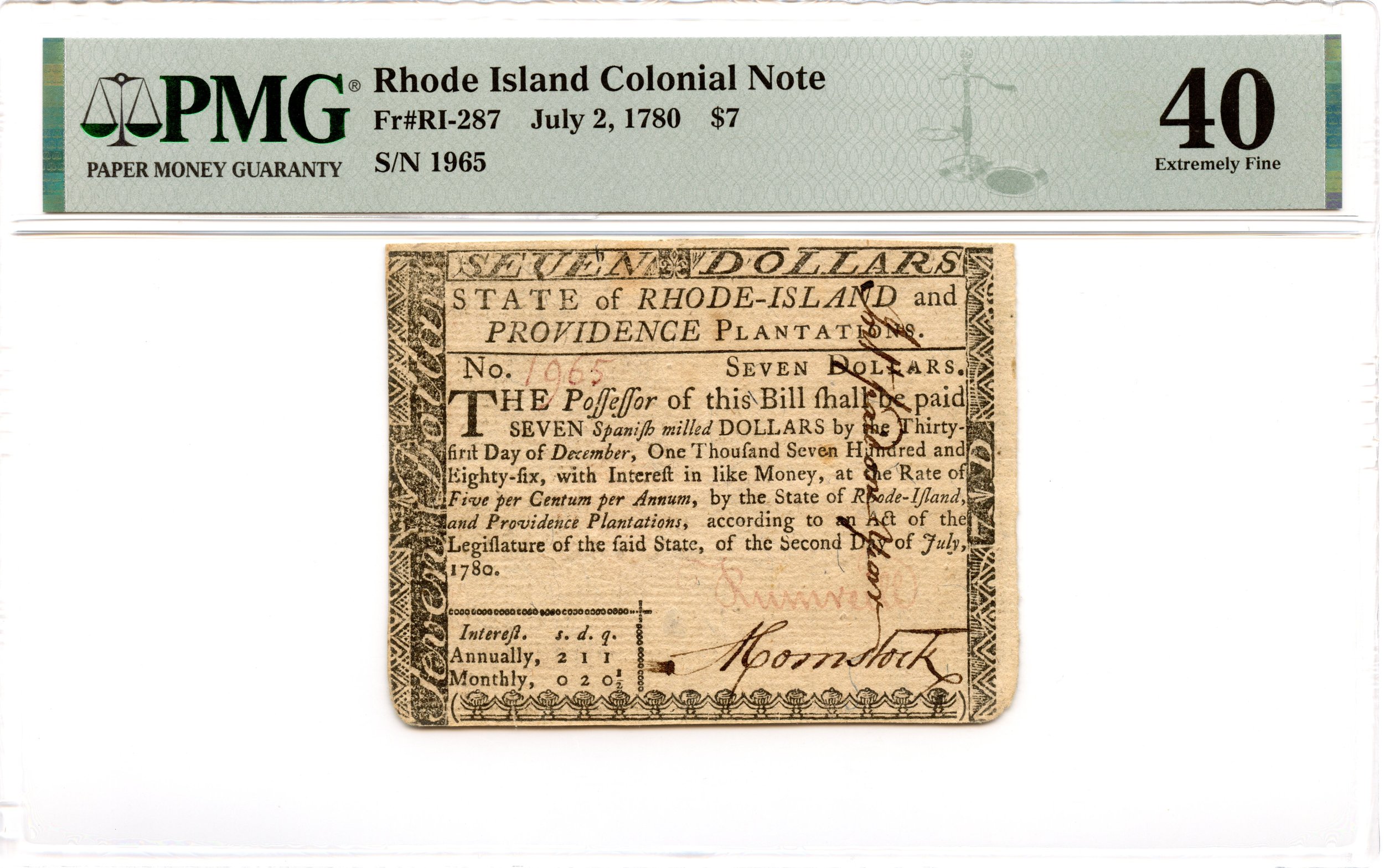 Rhode Island Colonial Note Fr#RI-287 July 2, 1780 $7 PMG XF-40 *Fully Signed*