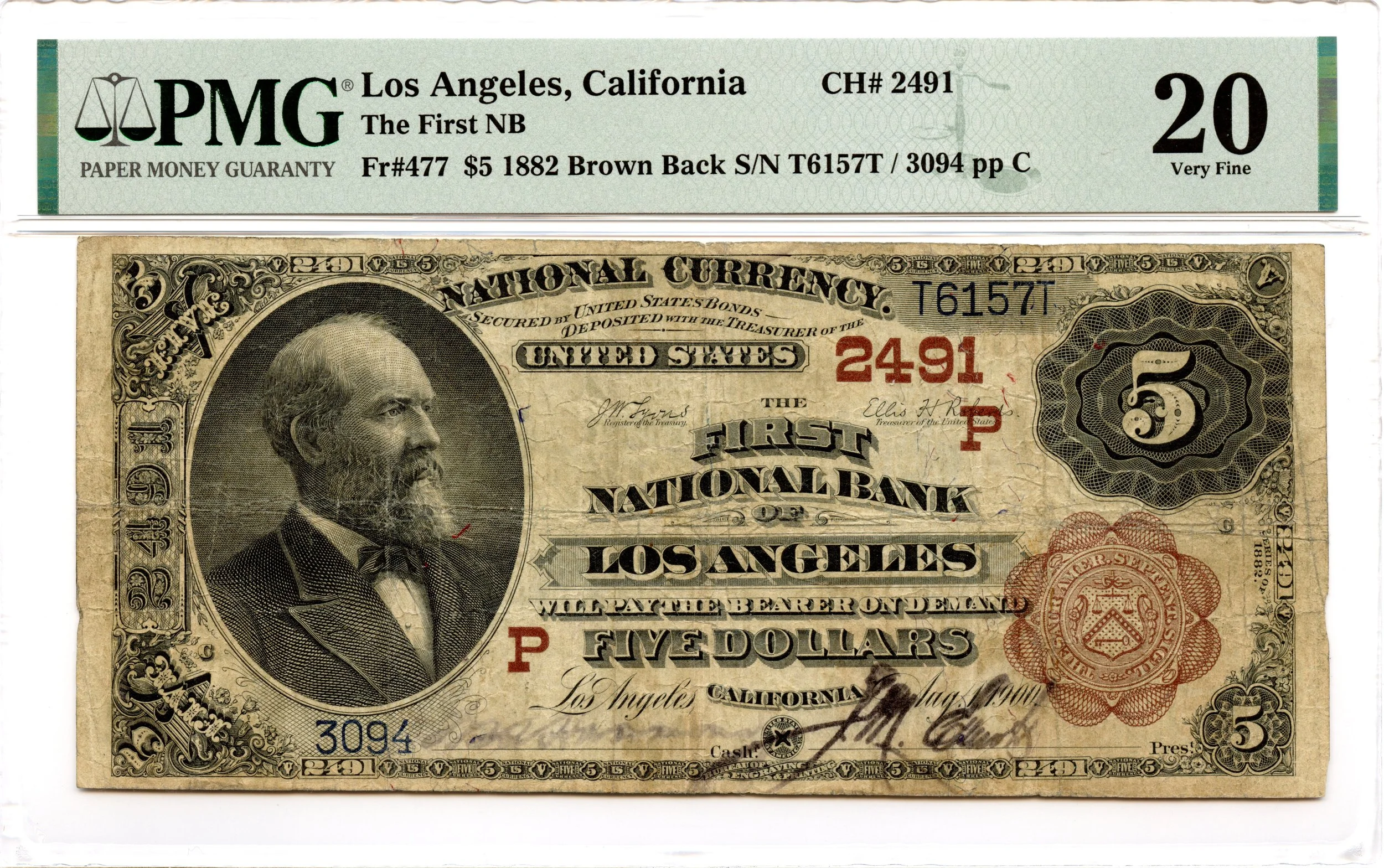 1882 $5 National Brown Back Fr#477 First NB Los Angeles, California CH#2491 PMG VF-20