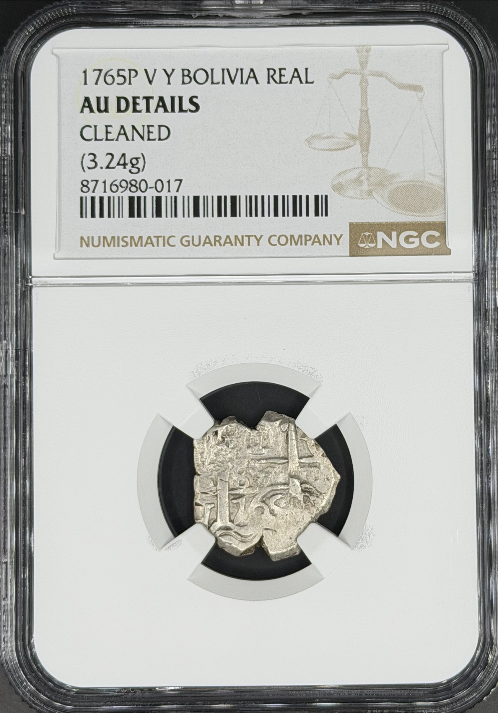 1765 P-VY 1 Real Cob Spanish Colonial Bolivia, Potosi NGC AU *U.S. Legal Tender*