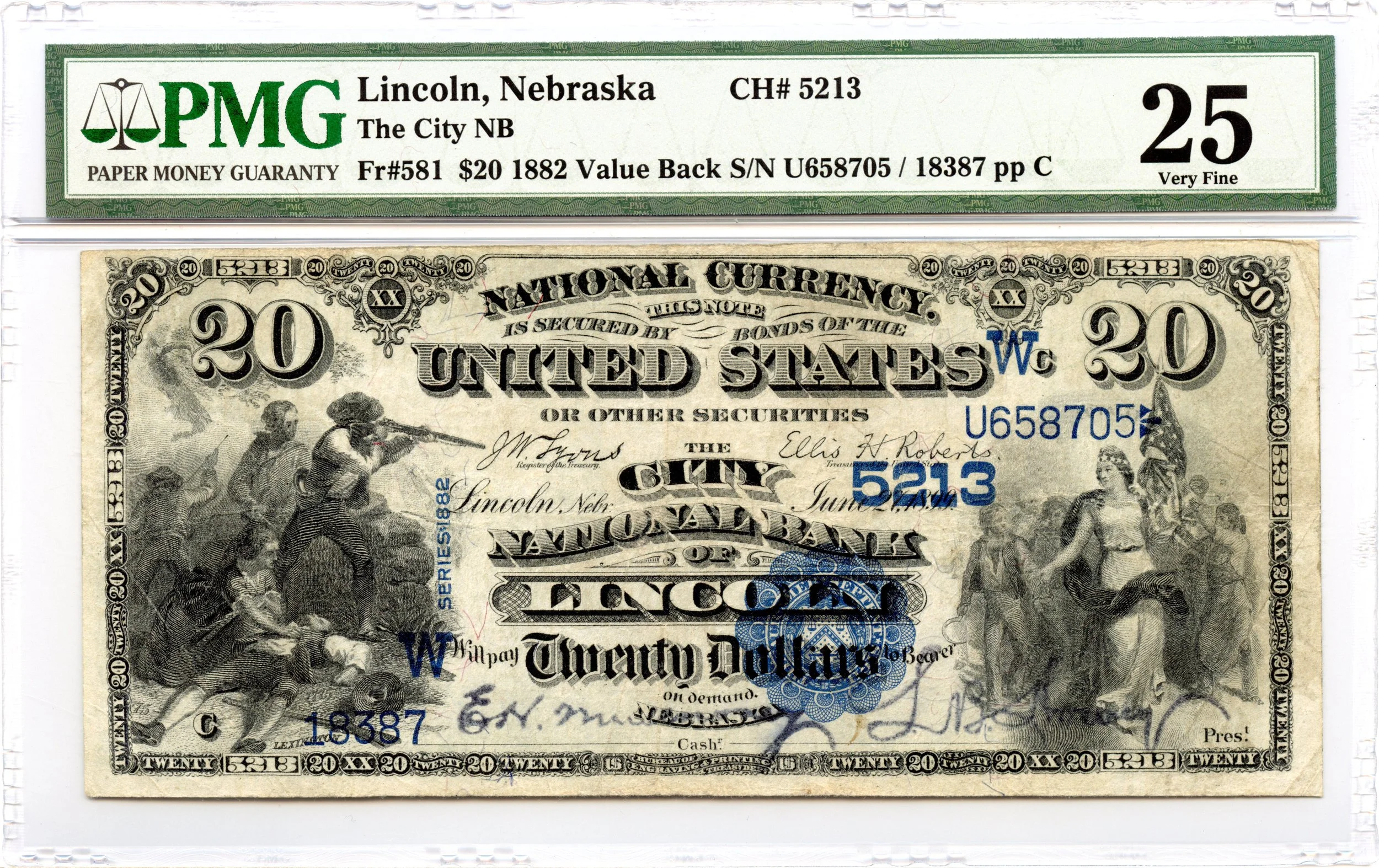 1882 $20 National Value Back Fr#581 City NB Lincoln, Nebraska CH#5213 PMG VF-25