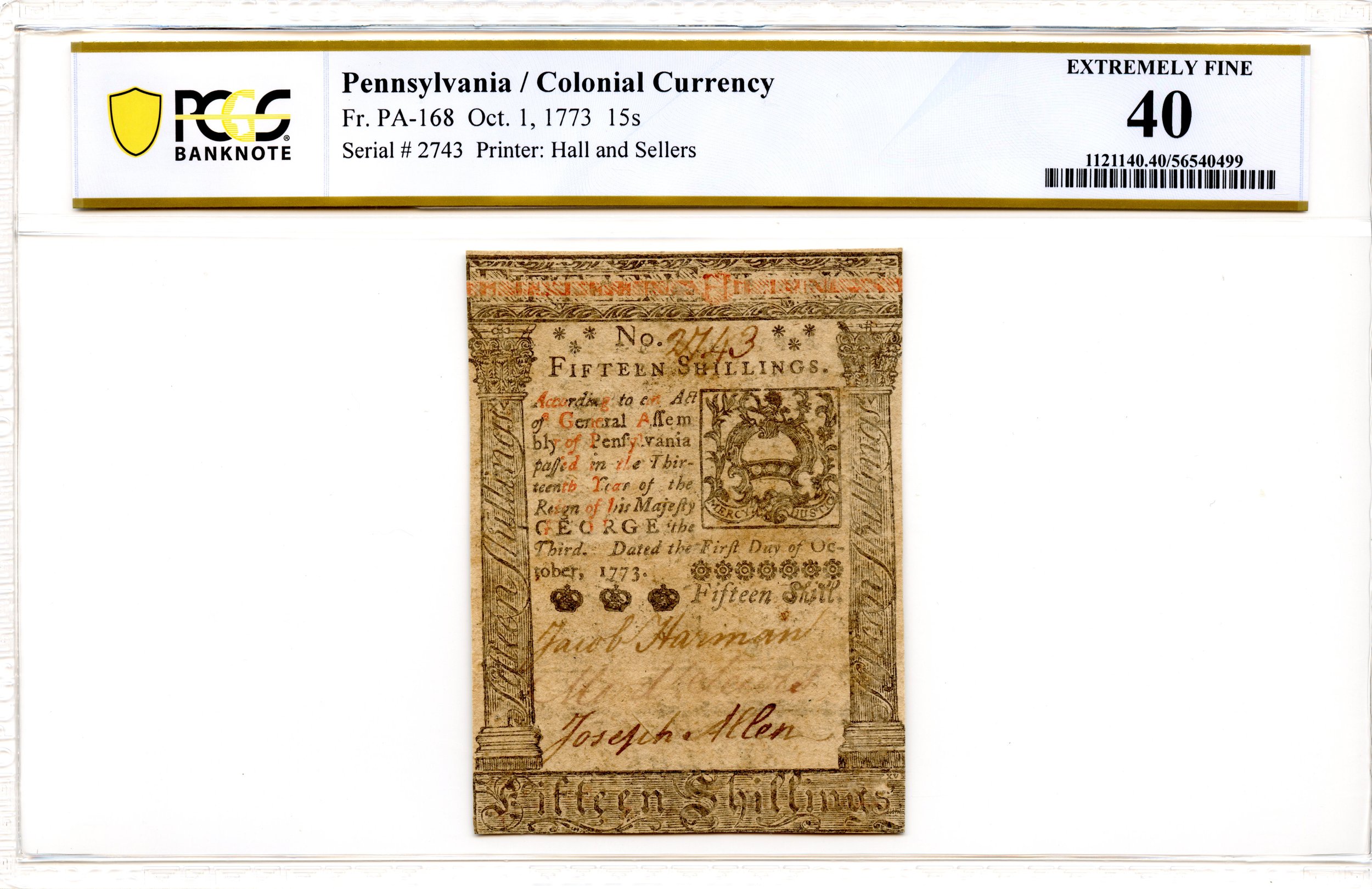 Pennsylvania Colonial Note Fr#PA-168 October 1, 1773 15s PCGS XF-40