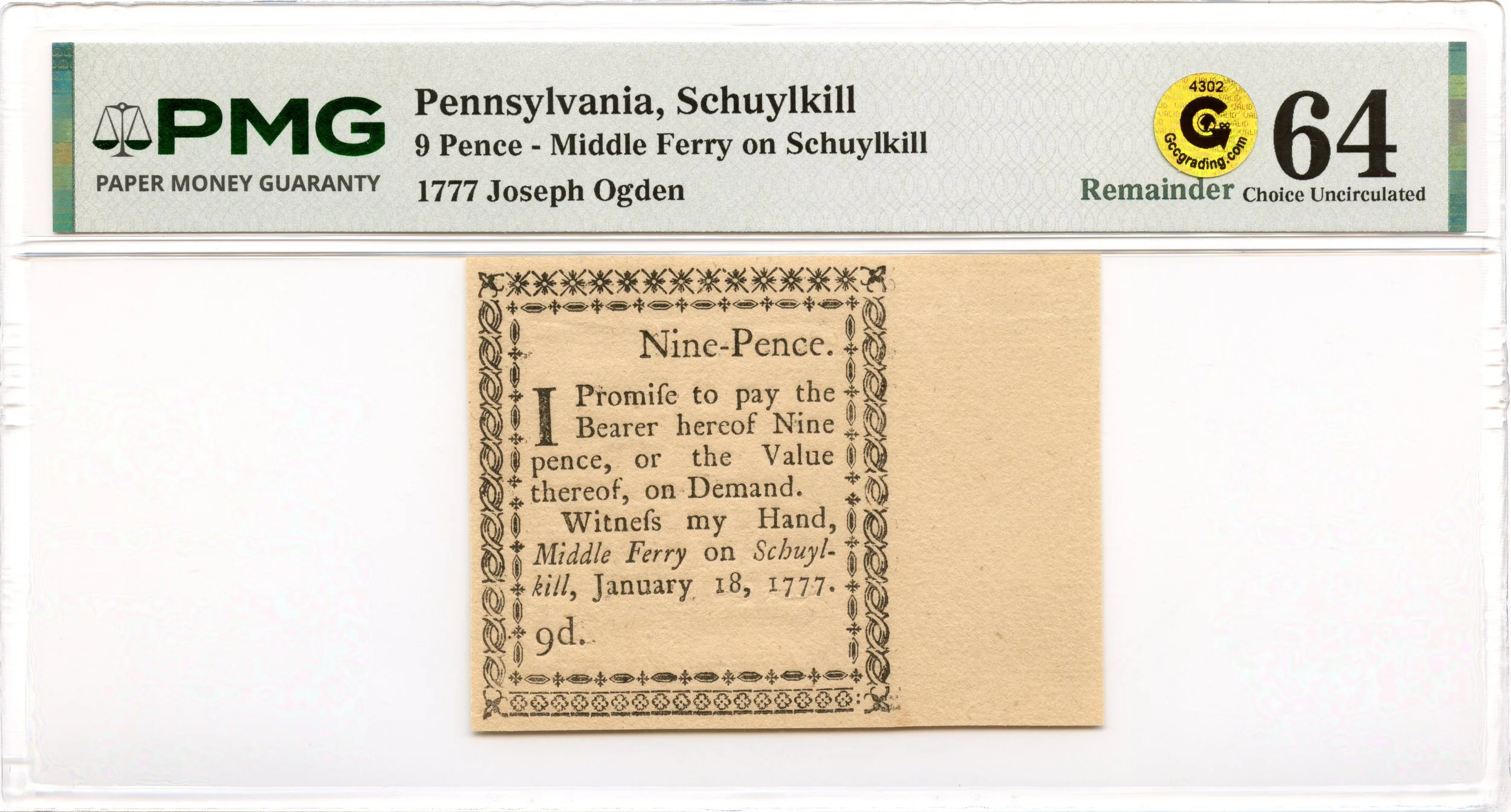 Pennsylvania Colonial Note January 18, 1777 9d Joseph Ogden Middle Ferry Schuylkill PMG CU-64 GCC Gold