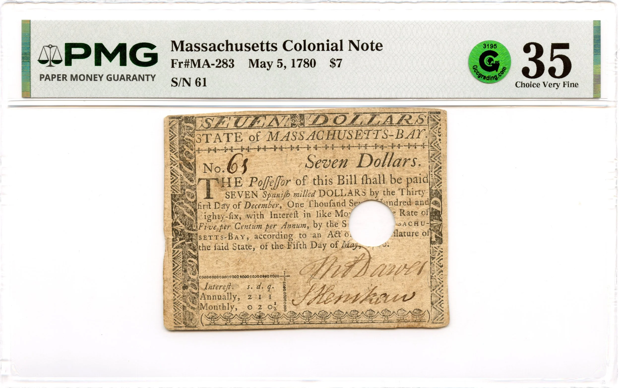 Massachusetts Colonial Note Fr#MA-283 May 5, 1780 $7 PMG VF-35 GCC Green
