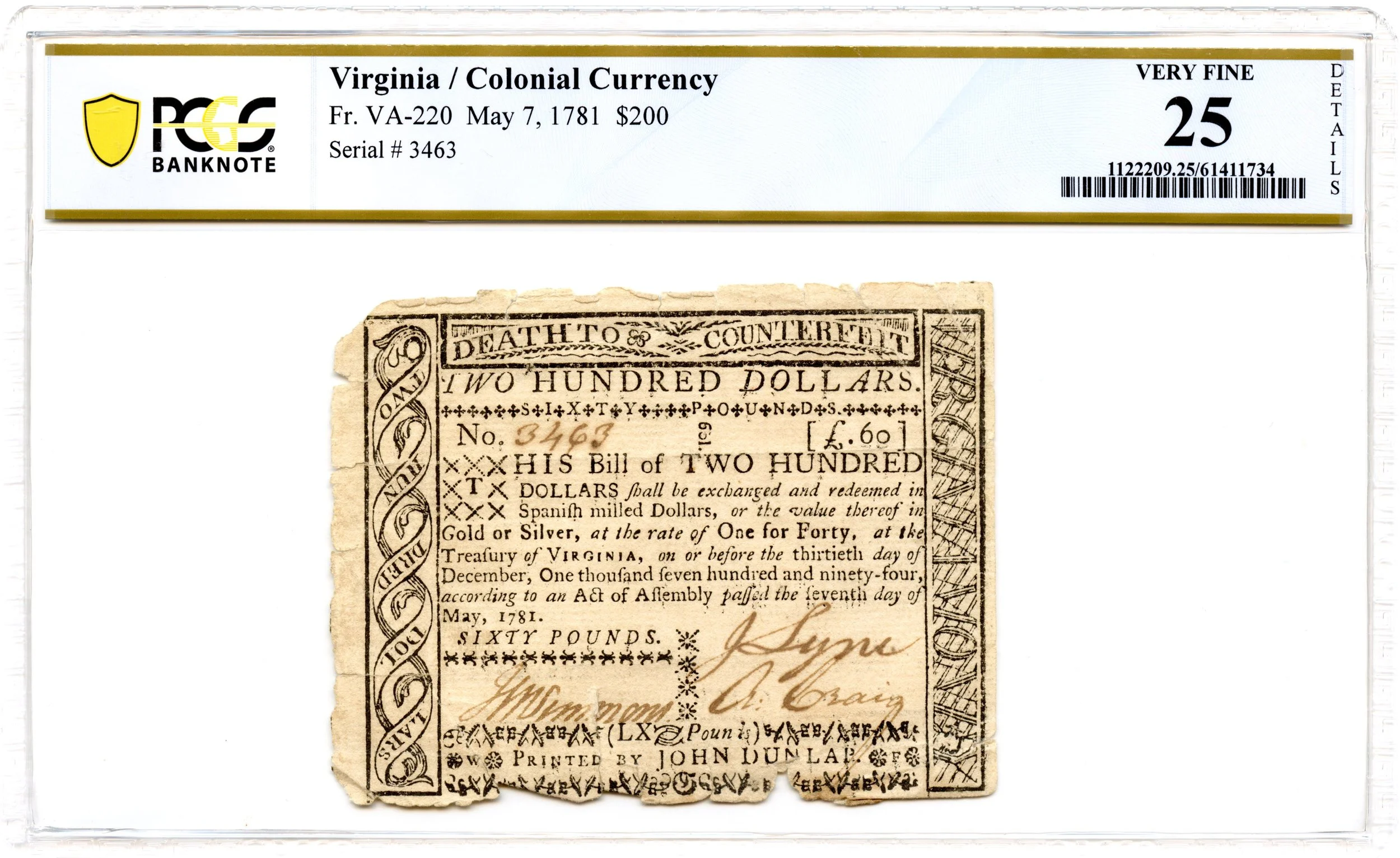 Virginia Colonial Note Fr#VA-220 May 7, 1781 $200 PCGS VF-25 *19 Known*