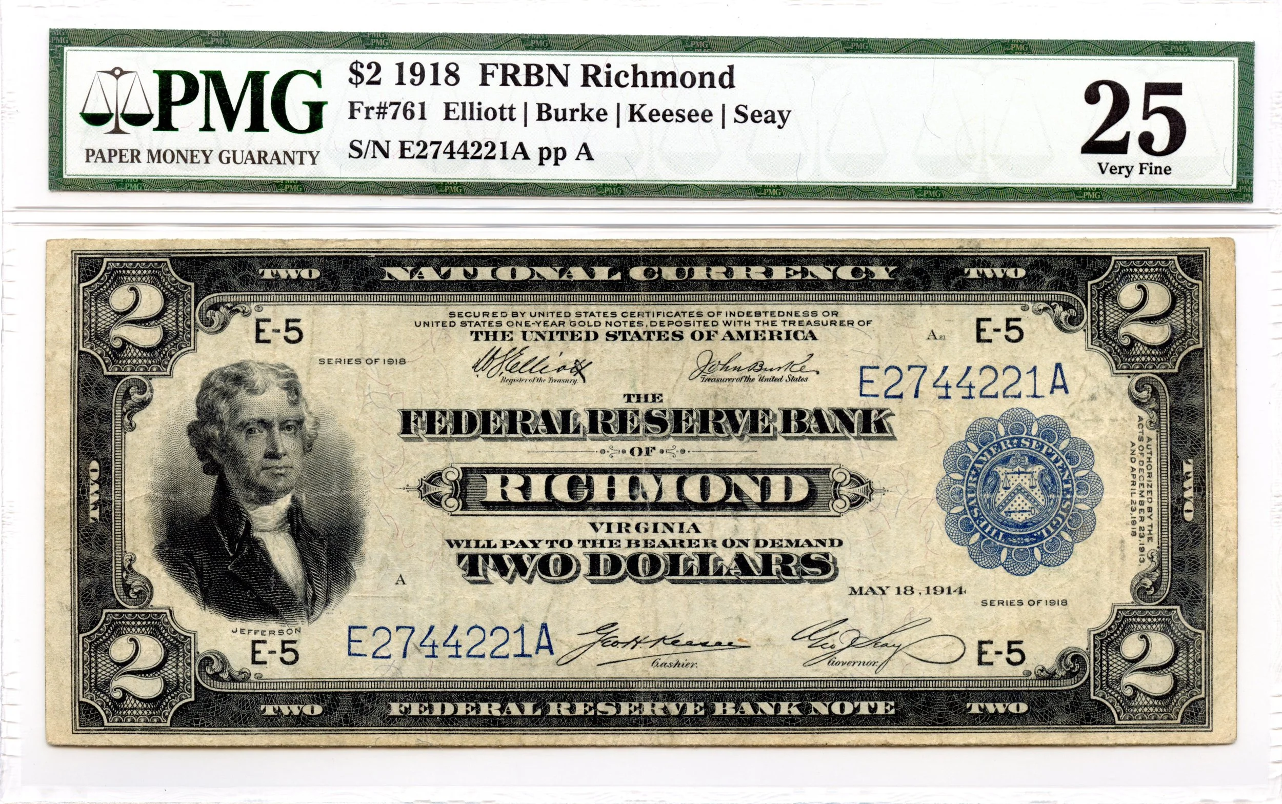 1918 $2 Federal Reserve Bank Note Richmond Fr#761 PMG VF-25 *Battleship*